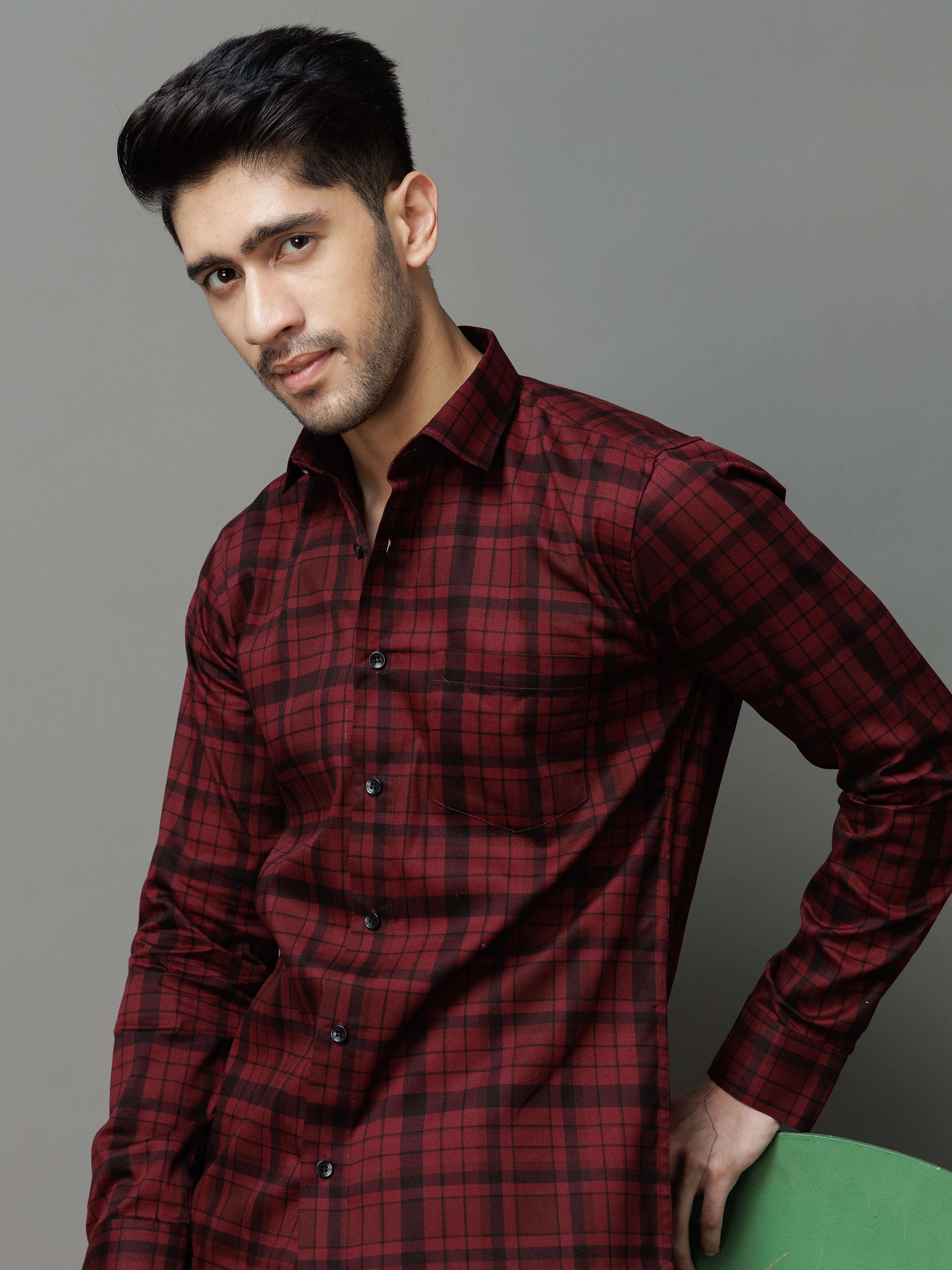 MAROON CHECKS PRINTED COTTON CASUAL SHIRT FOR MEN'S - Image 5