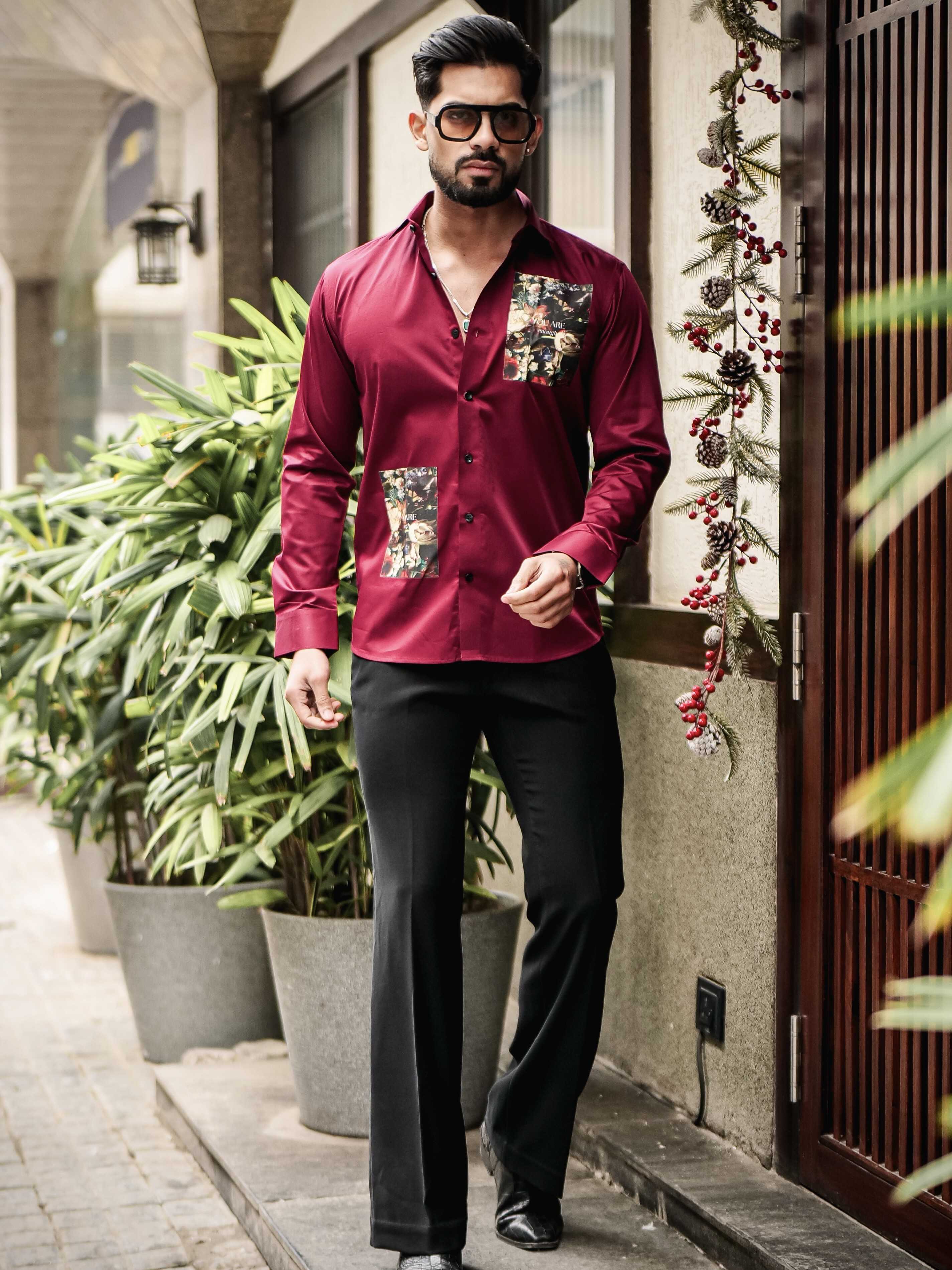 MAROON CLUB WEAR PRINTED SATIN COTTON SHIRT - Image 4