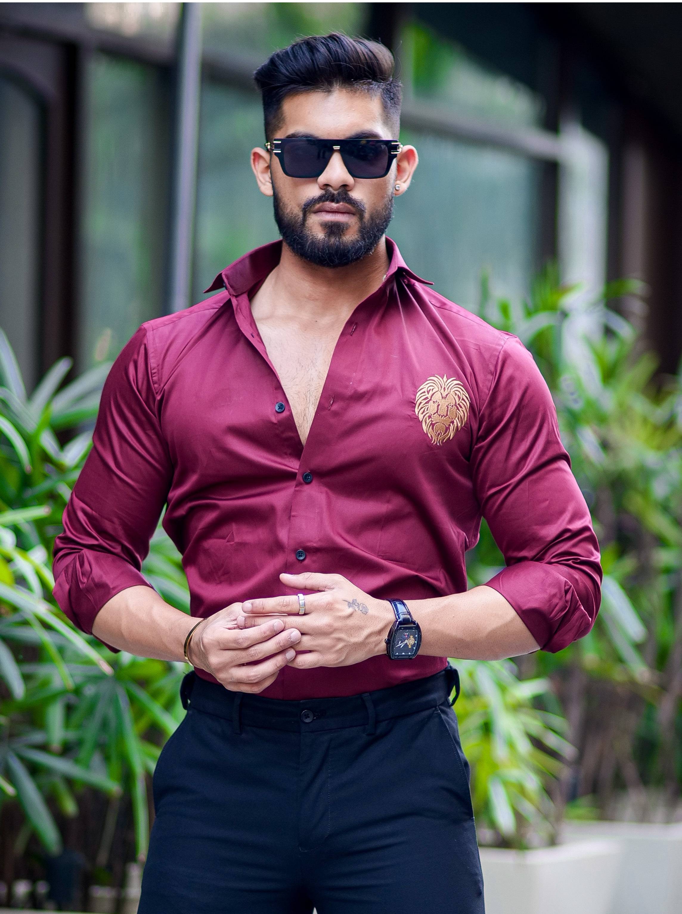 Maroon Golden Embroidered Mufasa Luxury Shirt For Men's - Image 3