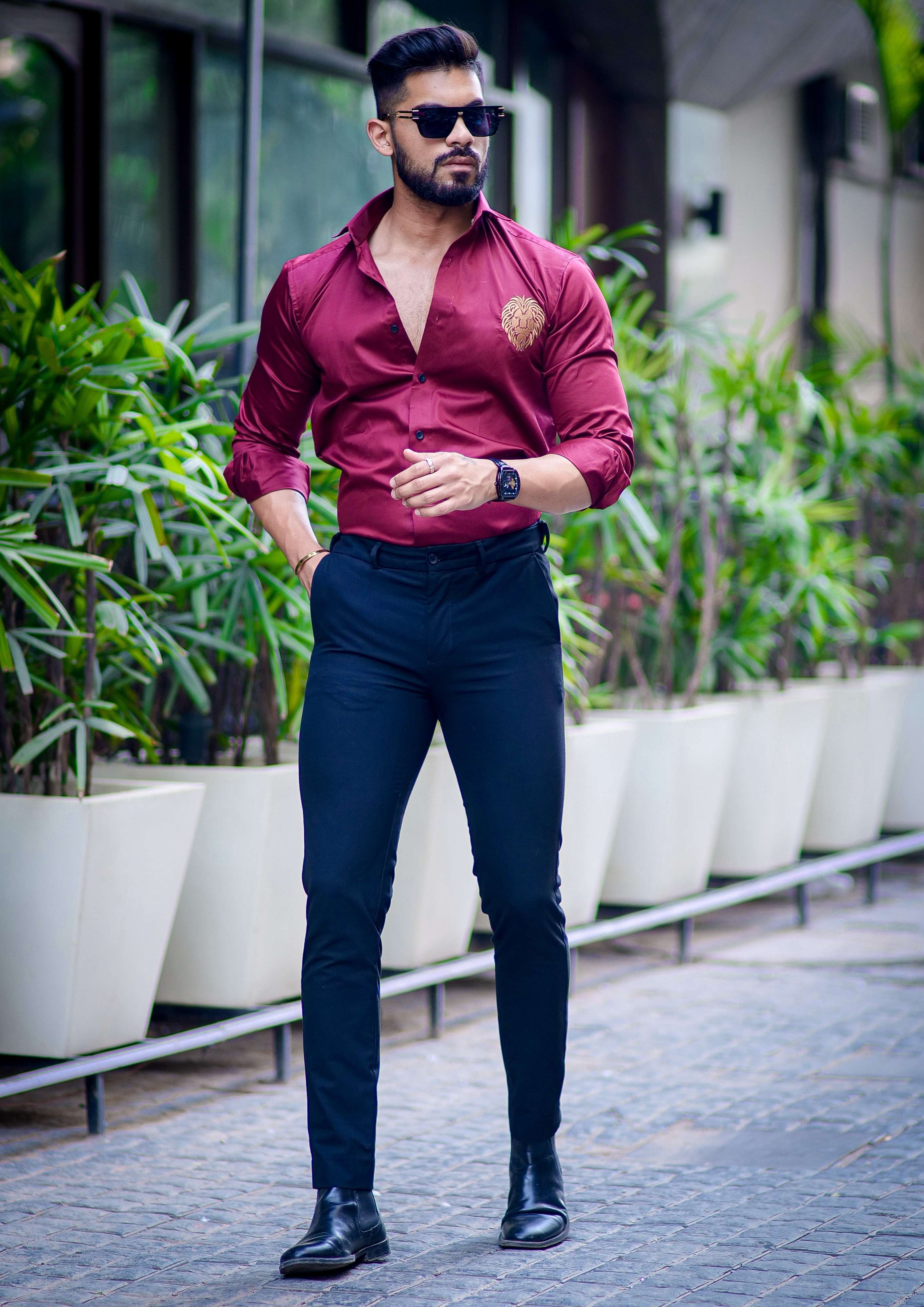 Maroon Golden Embroidered Mufasa Luxury Shirt For Men's - Image 4