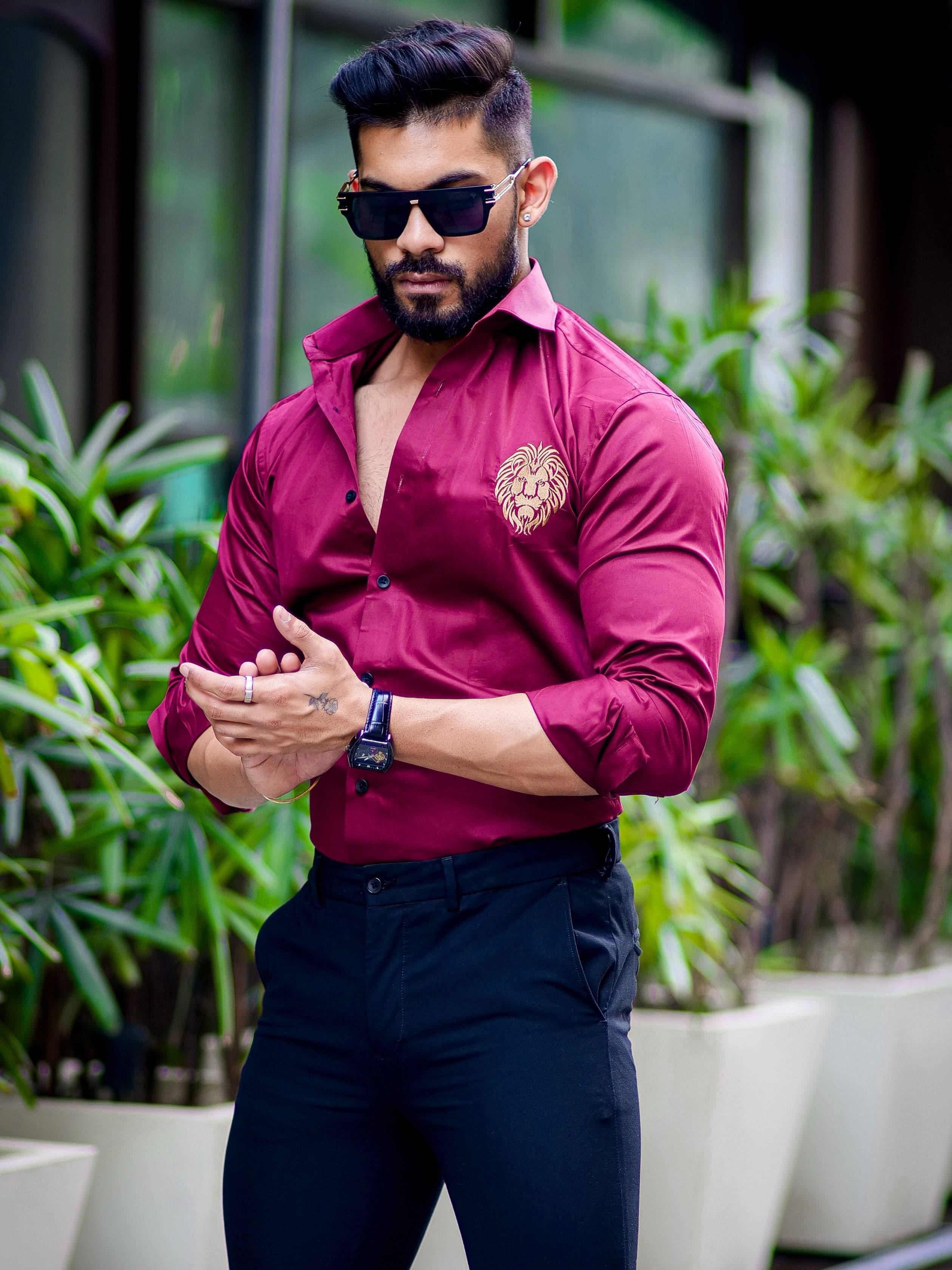 Maroon Golden Embroidered Mufasa Luxury Shirt For Men's - Image 5