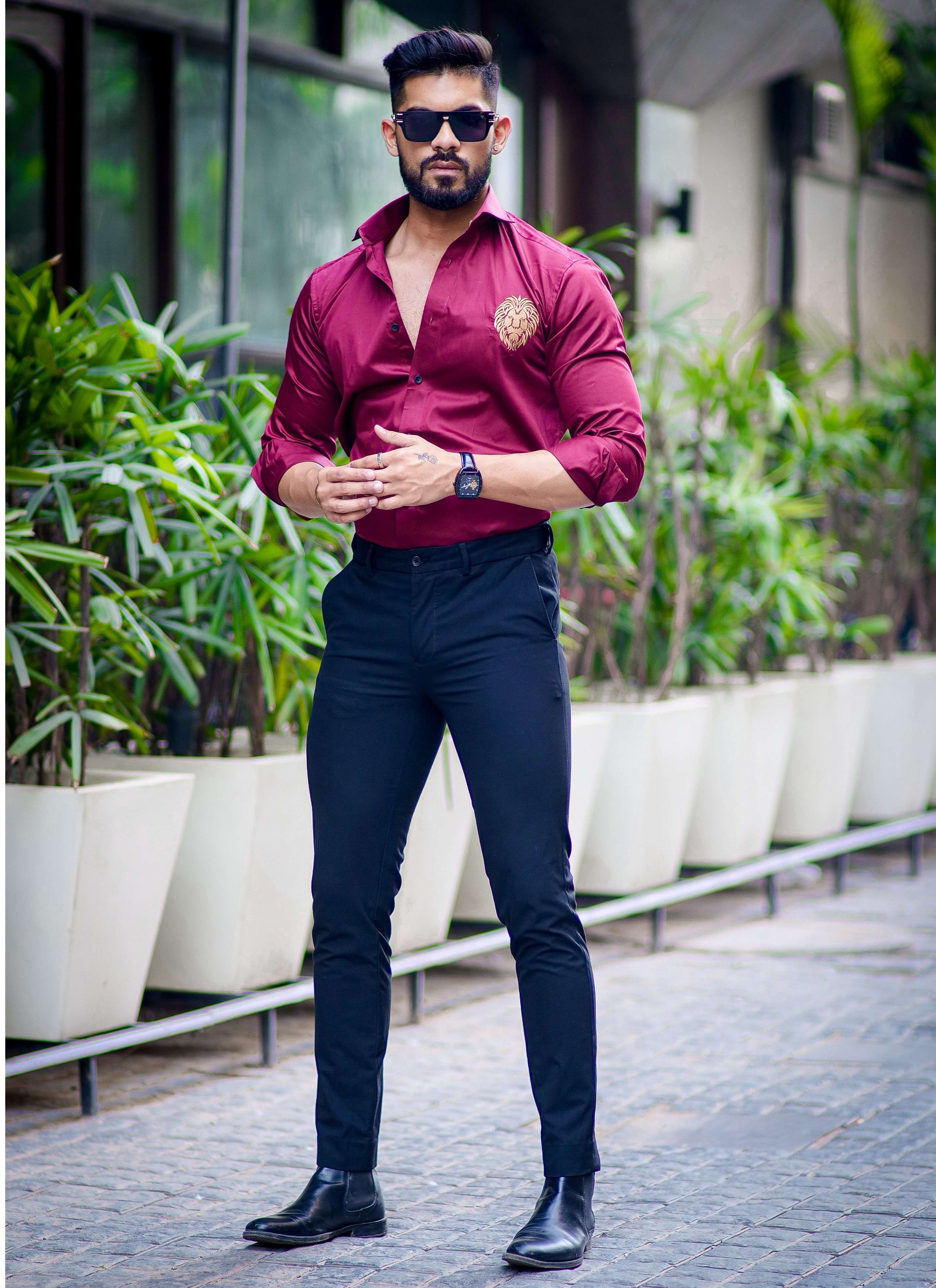 Maroon Golden Embroidered Mufasa Luxury Shirt For Men's - Image 6