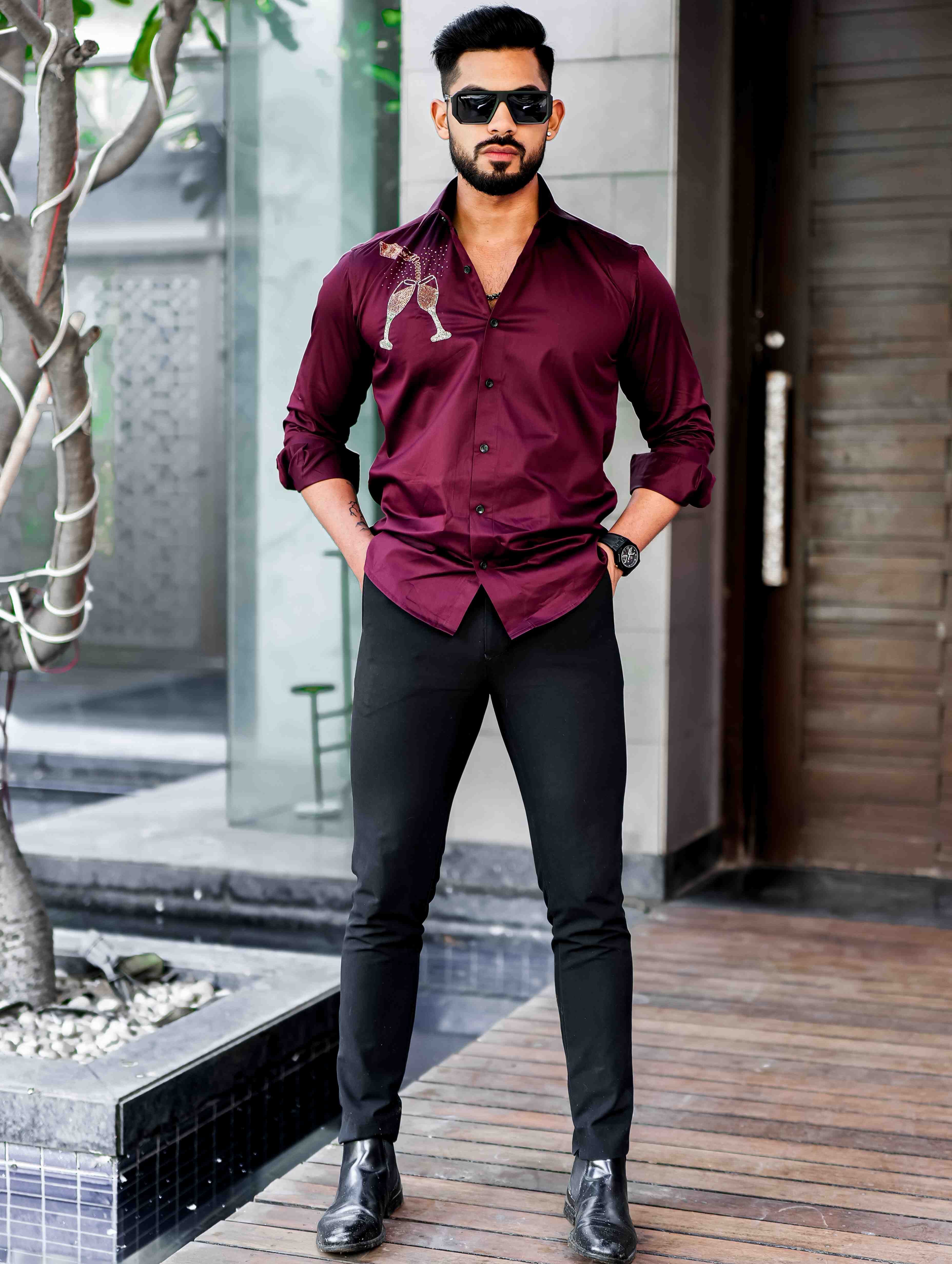 Maroon Rhinestone Hand Work Satin Cotton Premium Shirt - Image 4