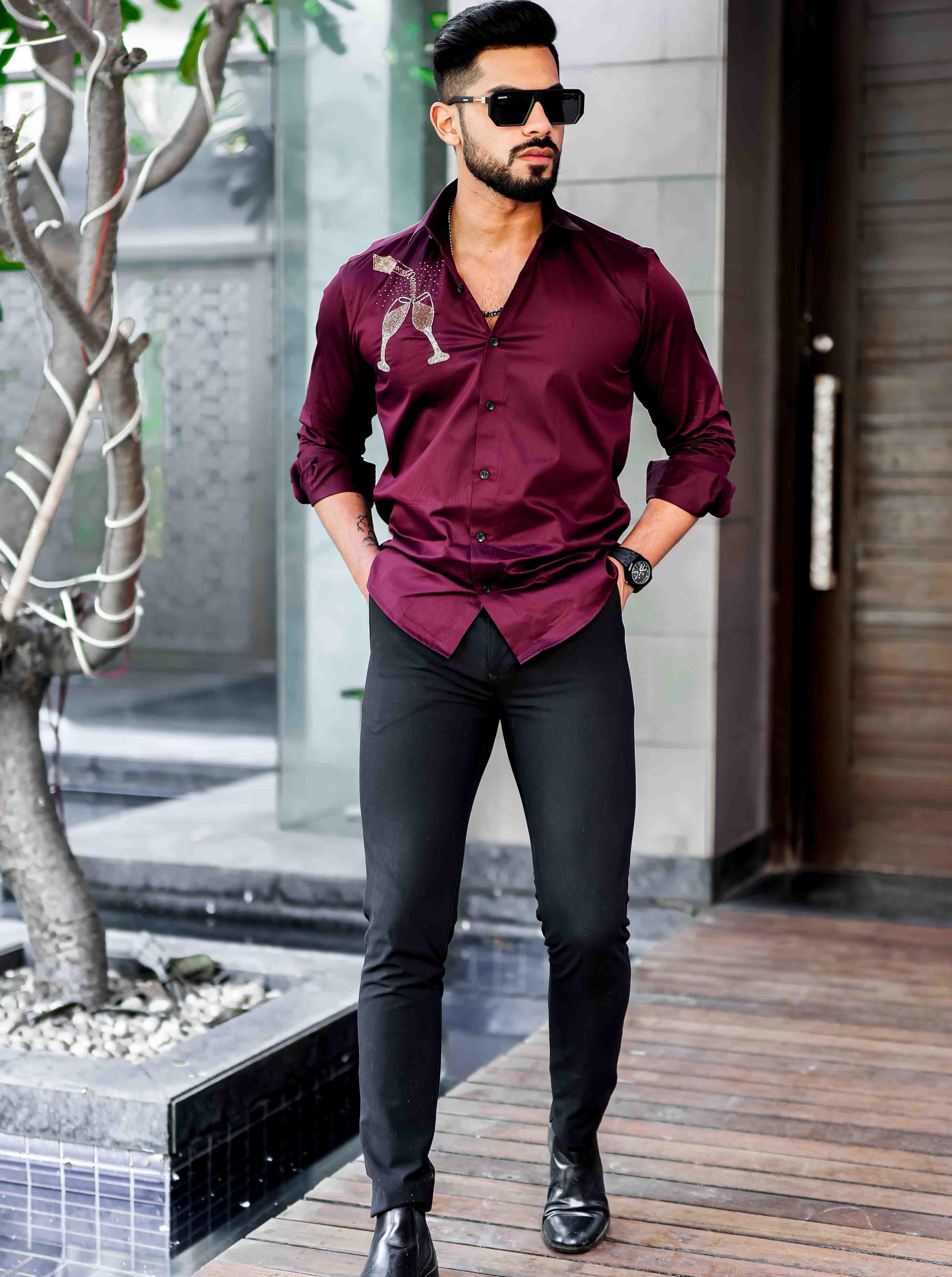Maroon Rhinestone Hand Work Satin Cotton Premium Shirt - Image 5