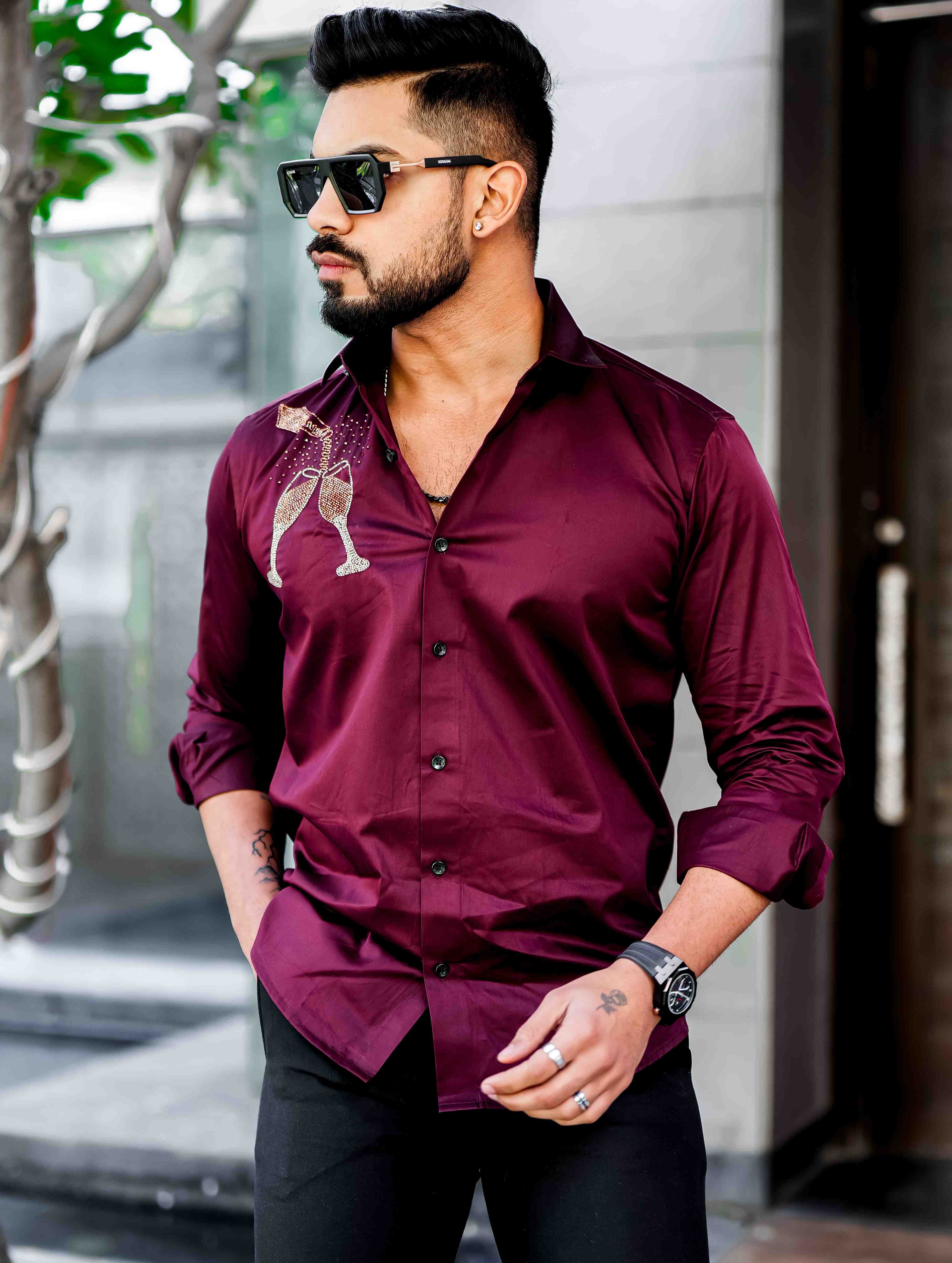 Maroon Rhinestone Hand Work Satin Cotton Premium Shirt - Image 6