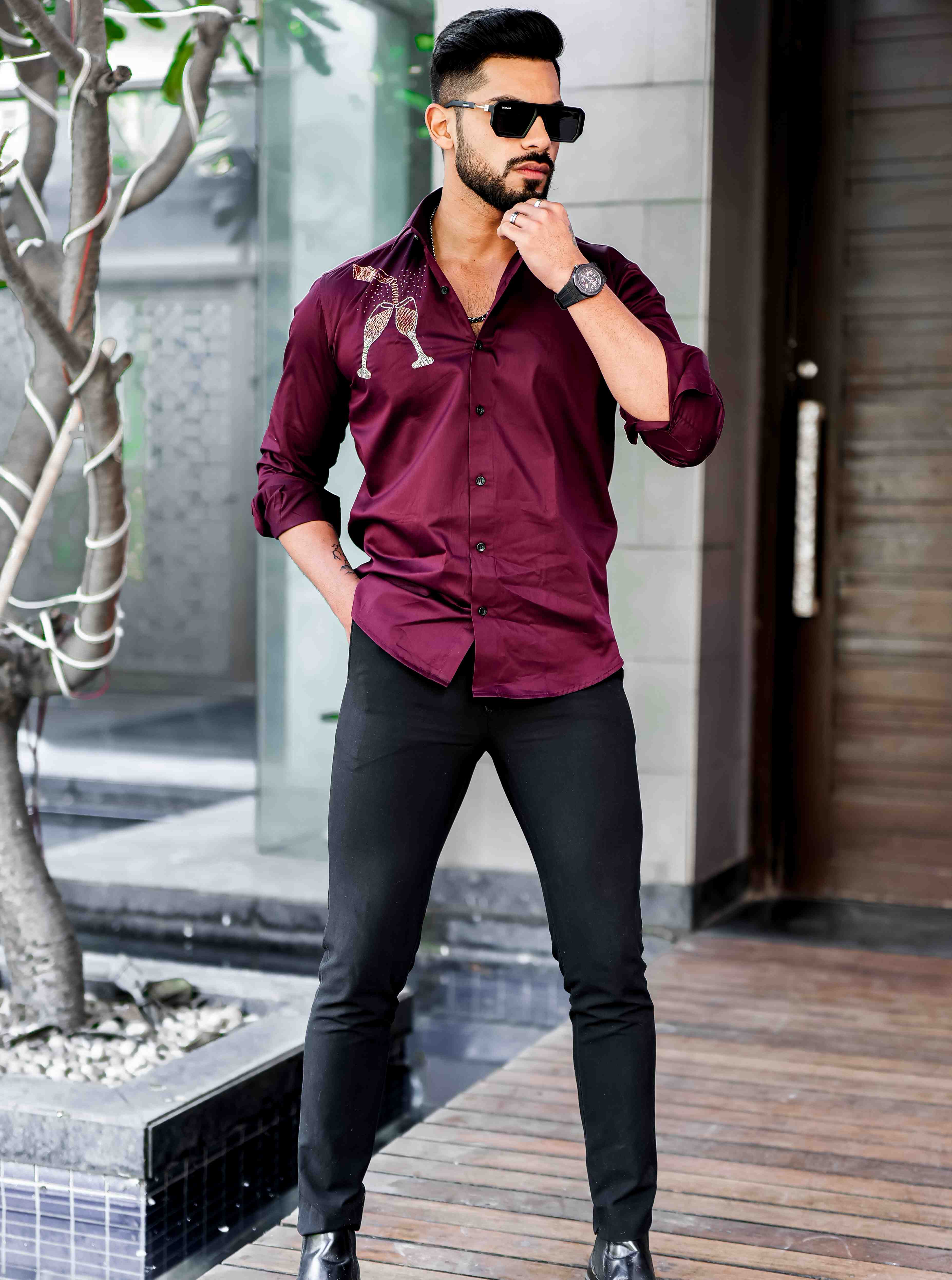 Maroon Rhinestone Hand Work Satin Cotton Premium Shirt - Image 7