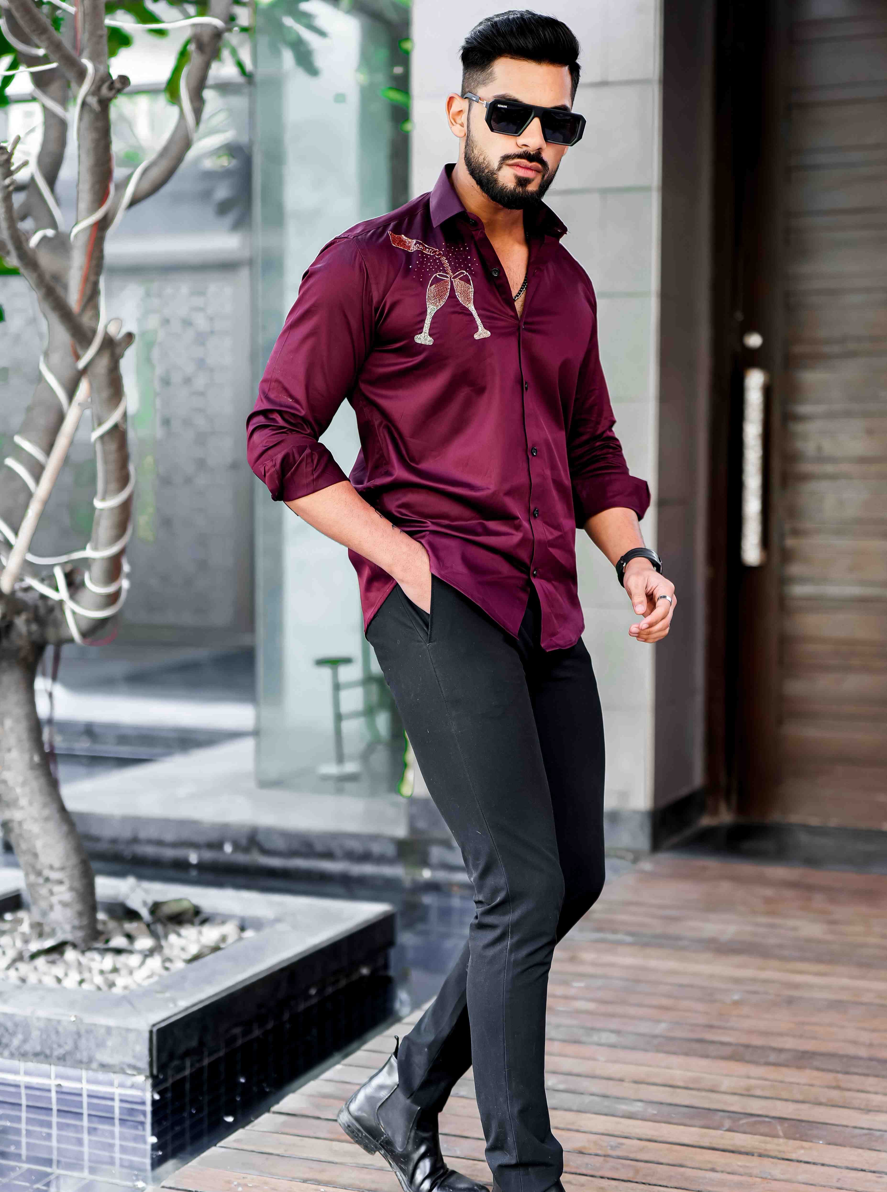 Maroon Rhinestone Hand Work Satin Cotton Premium Shirt - Image 8