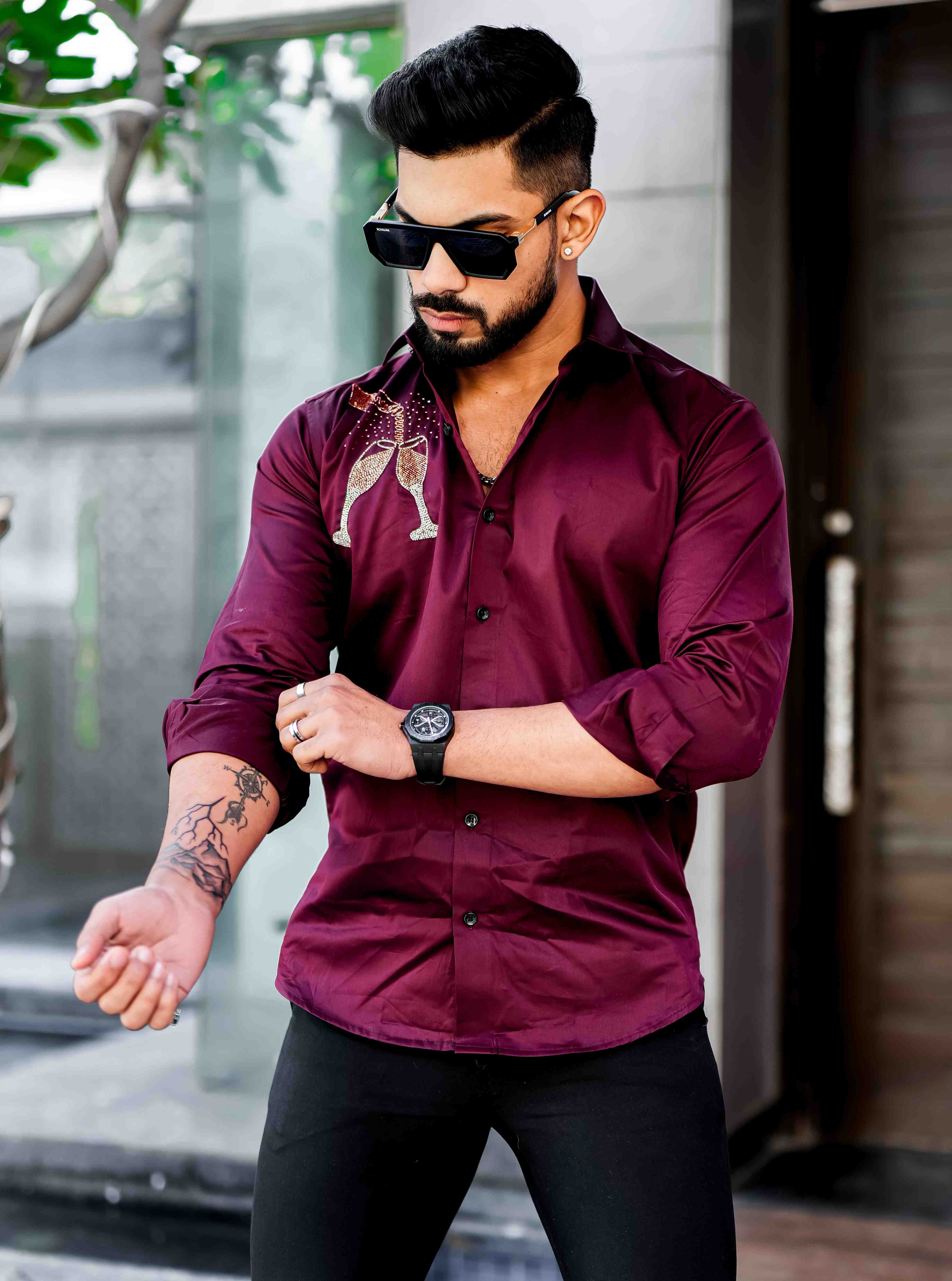 Maroon Rhinestone Hand Work Satin Cotton Premium Shirt - Image 9