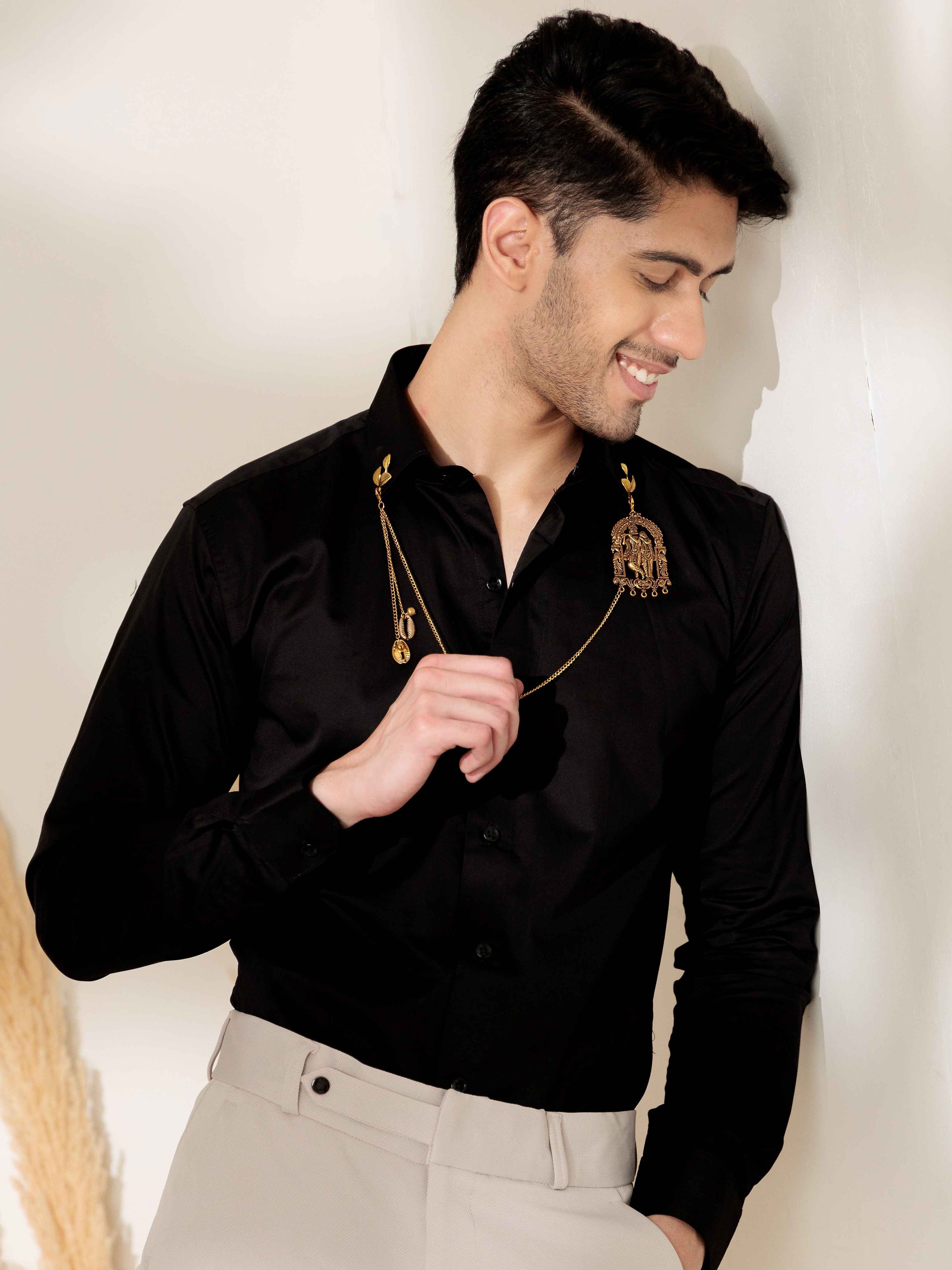 FOOMER RADHEKRISHNA BLACK DESIGNER SATIN COTTON SHIRT