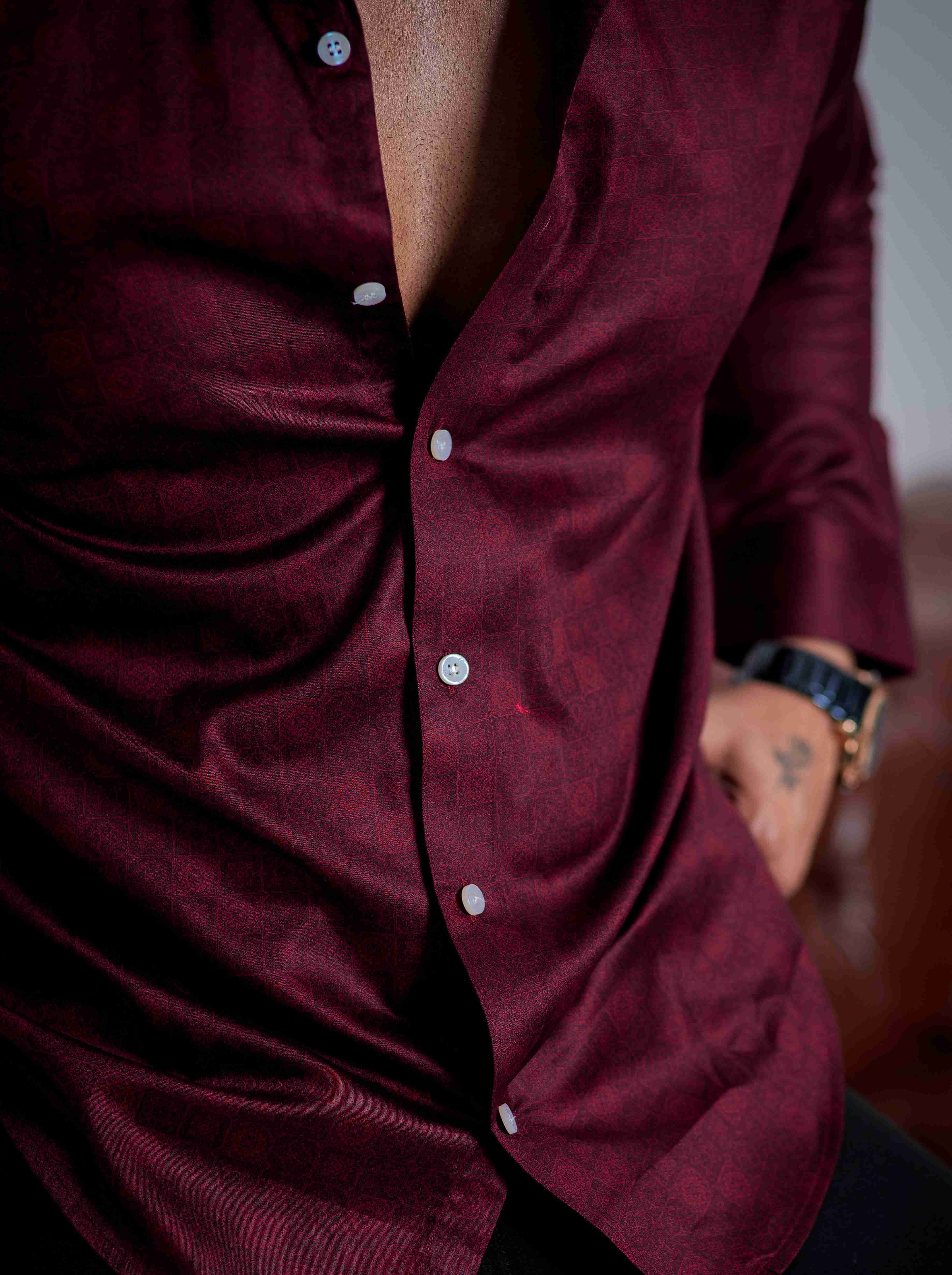 Maroon Satin Print Premium Shirt - Image 2