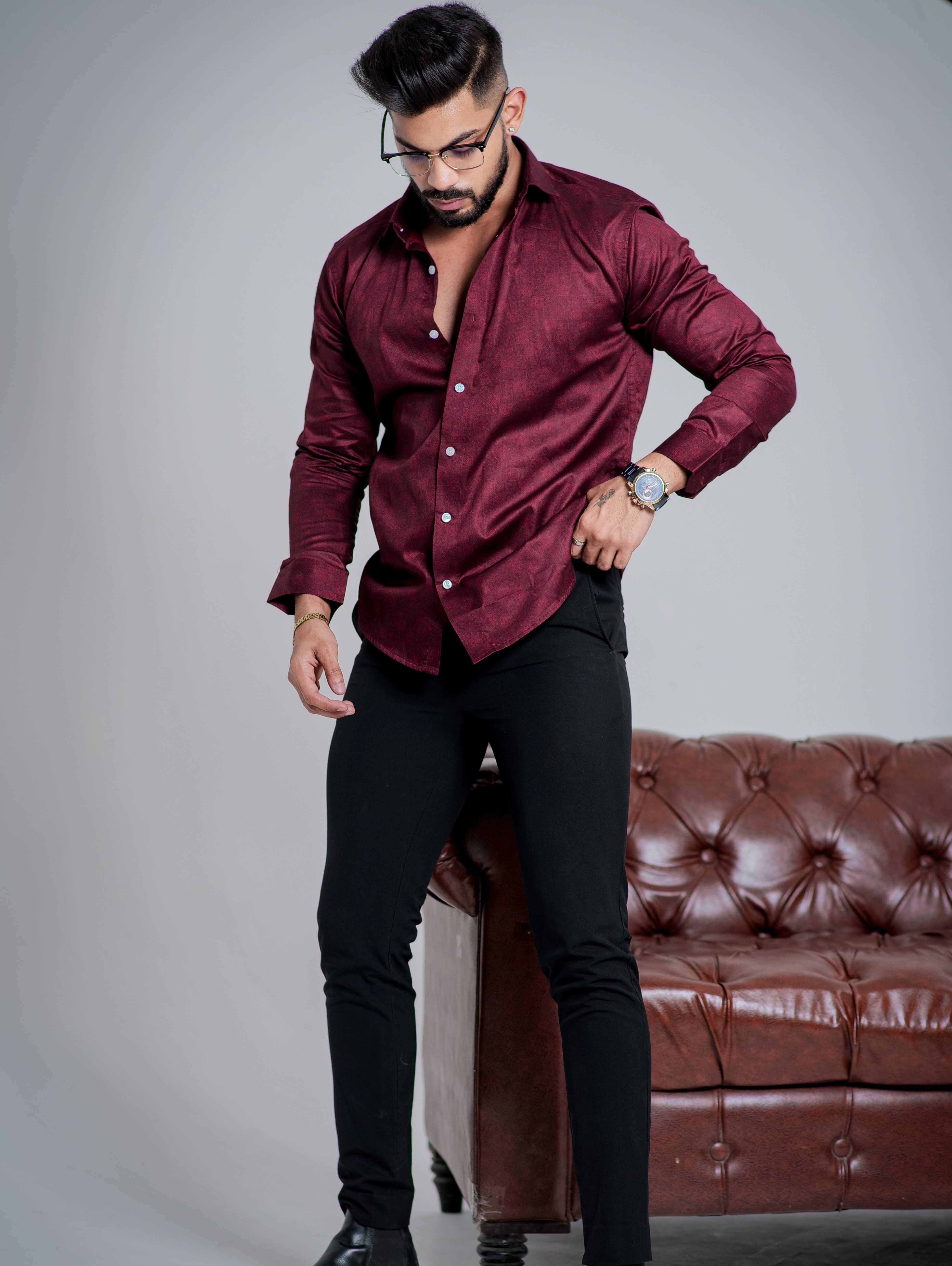 Maroon Satin Print Premium Shirt - Image 3