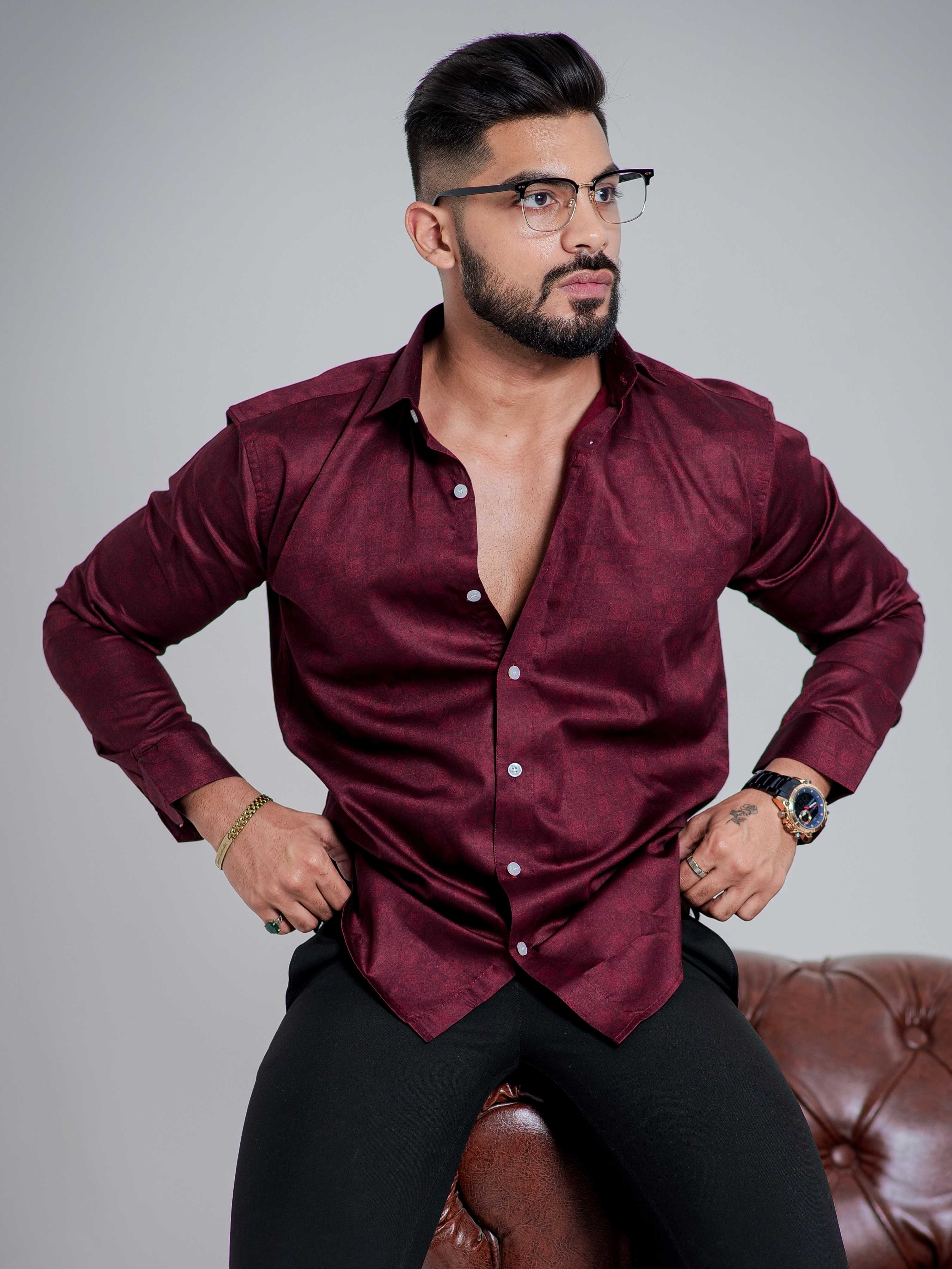 Maroon Satin Print Premium Shirt - Image 6