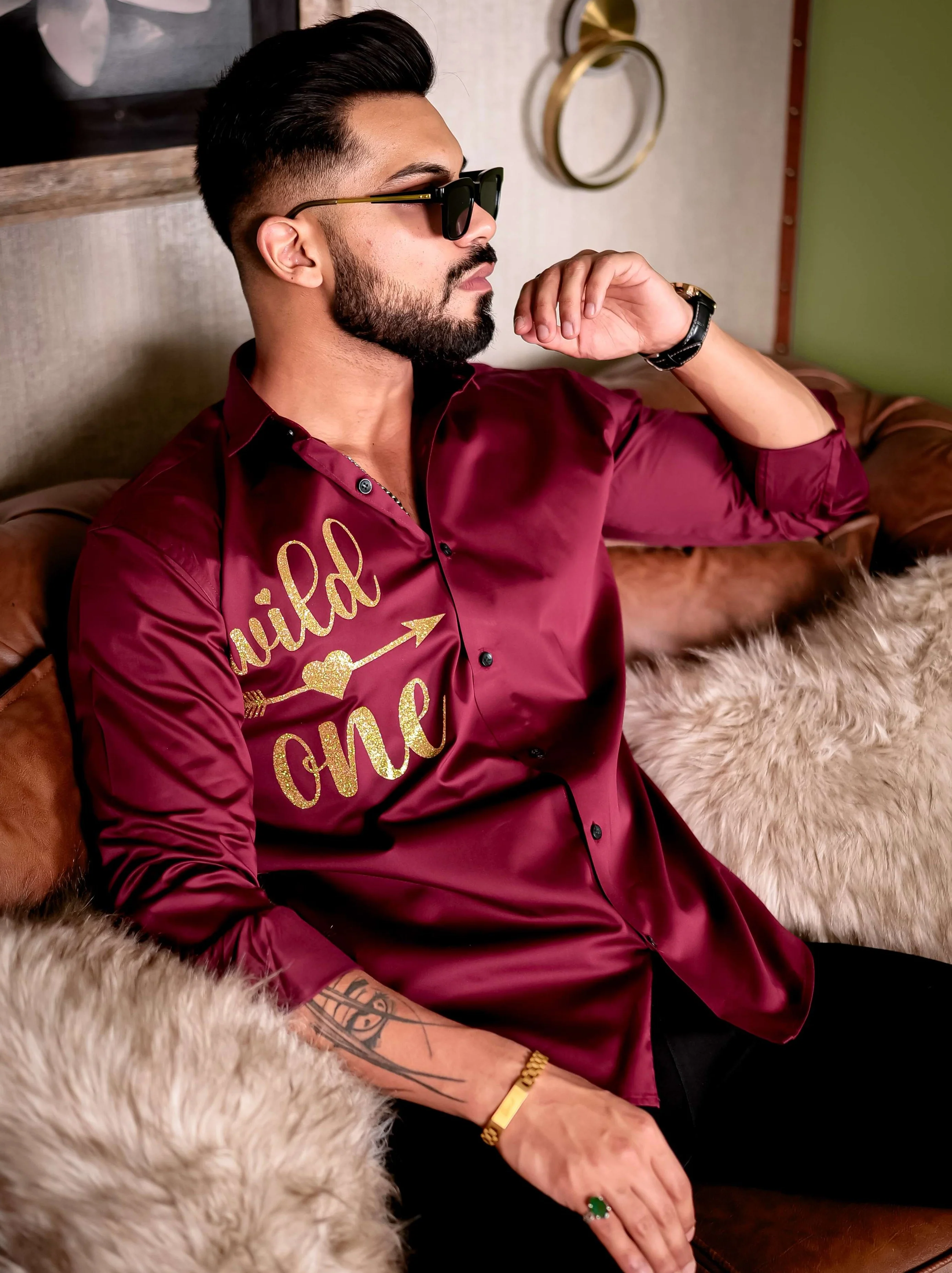 Maroon Wild One Glitter Luxury Shirt For Men's - Image 3