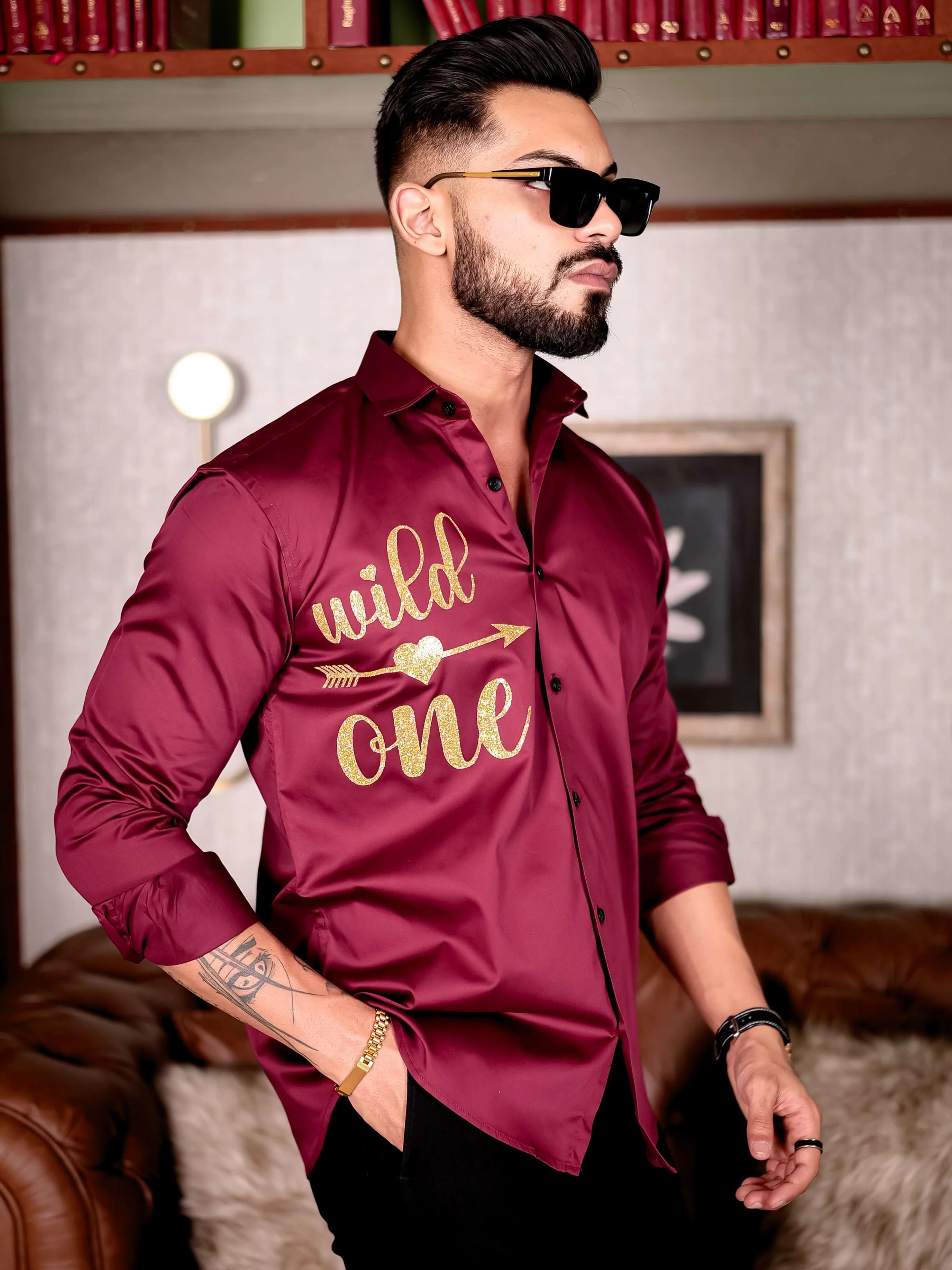 Maroon Wild One Glitter Luxury Shirt For Men's - Image 4