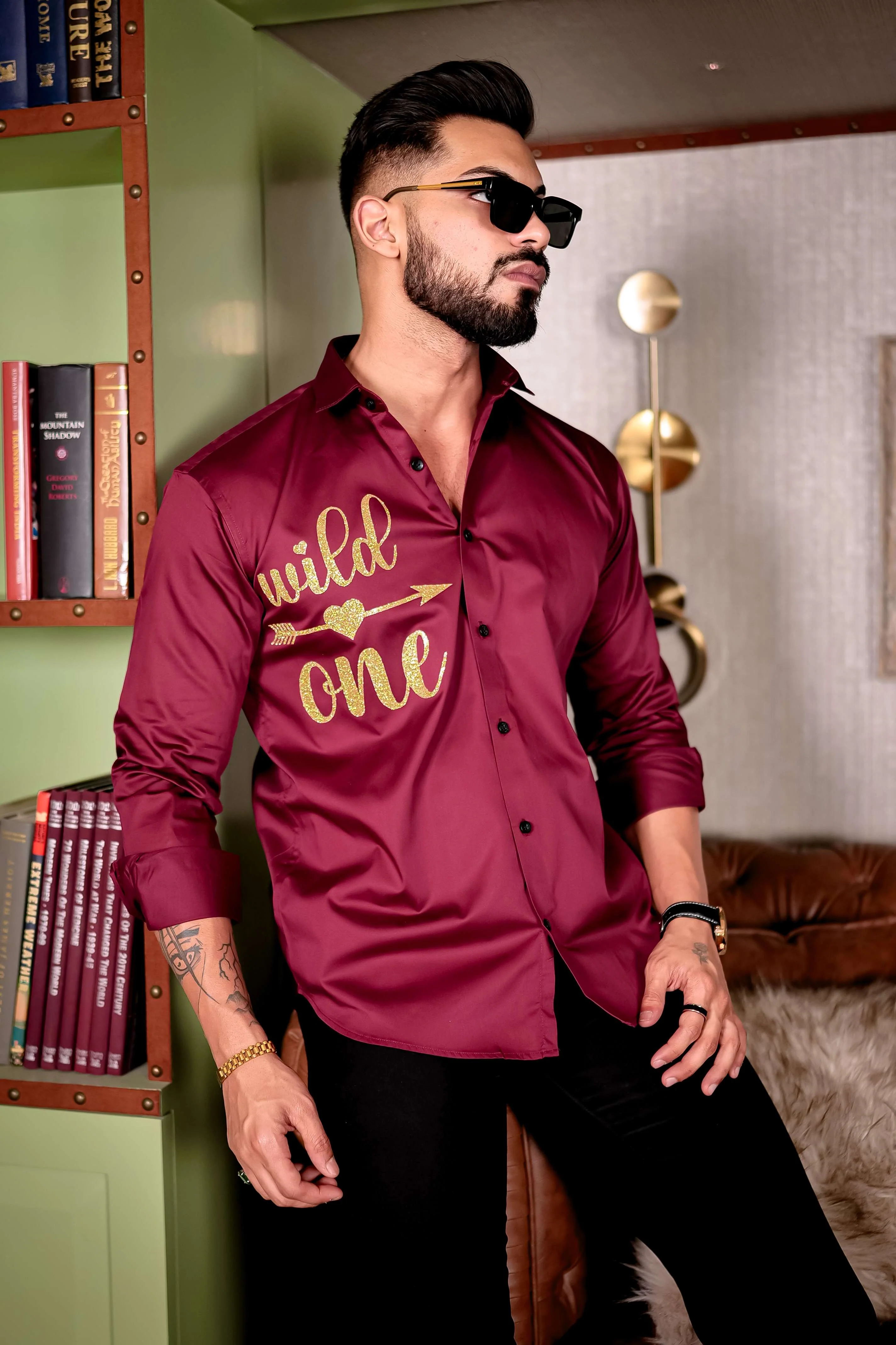 Maroon Wild One Glitter Luxury Shirt For Men's - Image 8