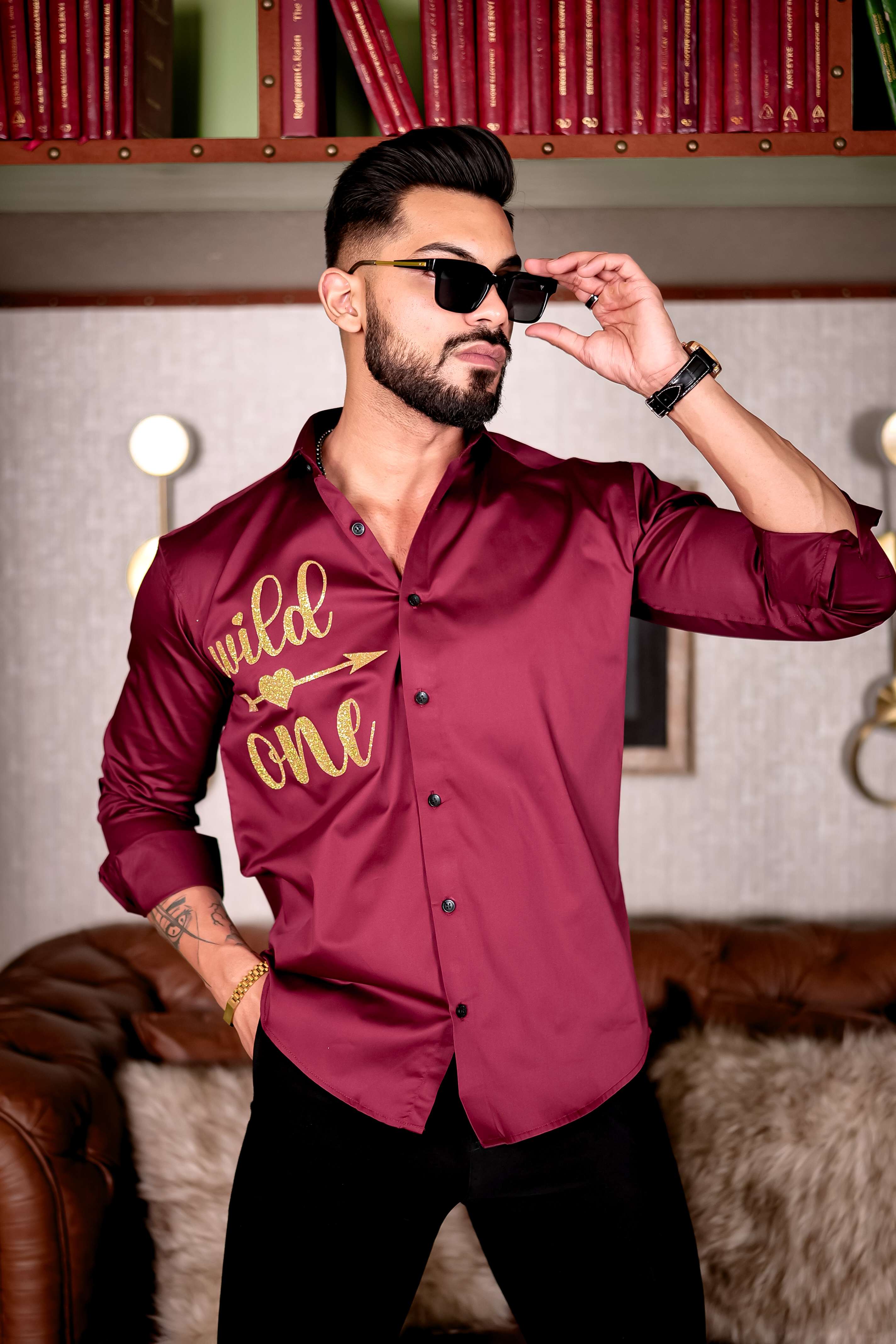Maroon Wild One Glitter Luxury Shirt For Men's - Image 9