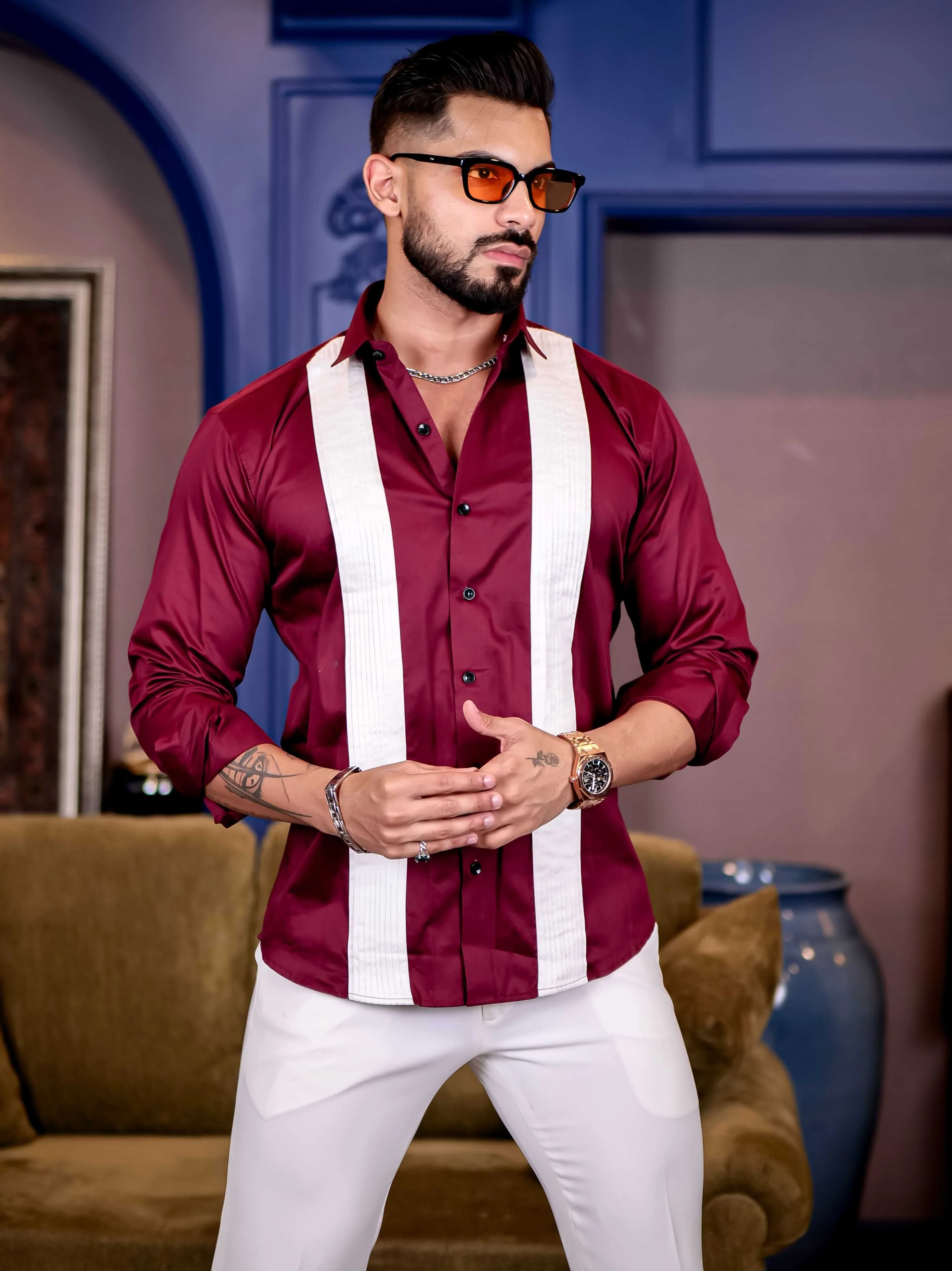 Maroon with White Subtle Sheen Tuxedo Premium Giza Satin Cotton Shirt - Image 3