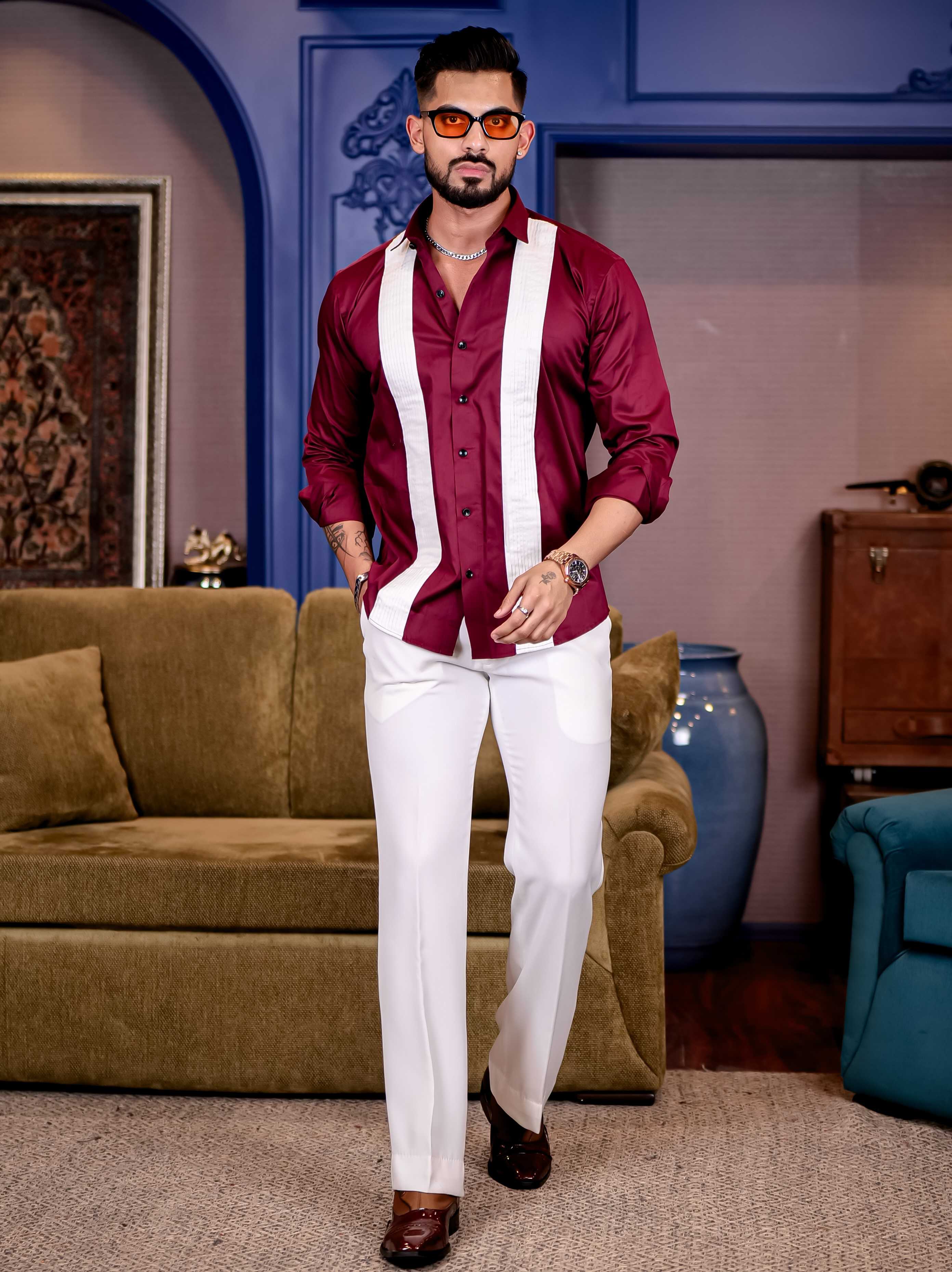 Maroon with White Subtle Sheen Tuxedo Premium Giza Satin Cotton Shirt - Image 4