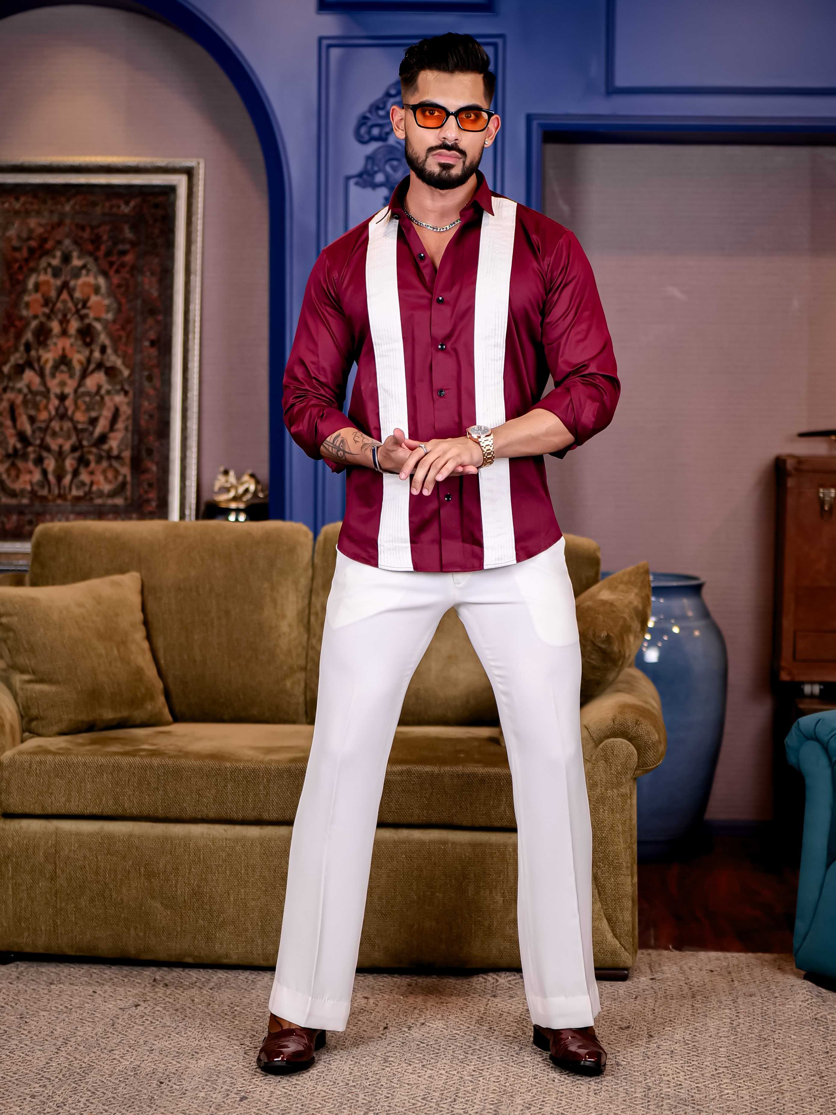 Maroon with White Subtle Sheen Tuxedo Premium Giza Satin Cotton Shirt - Image 5
