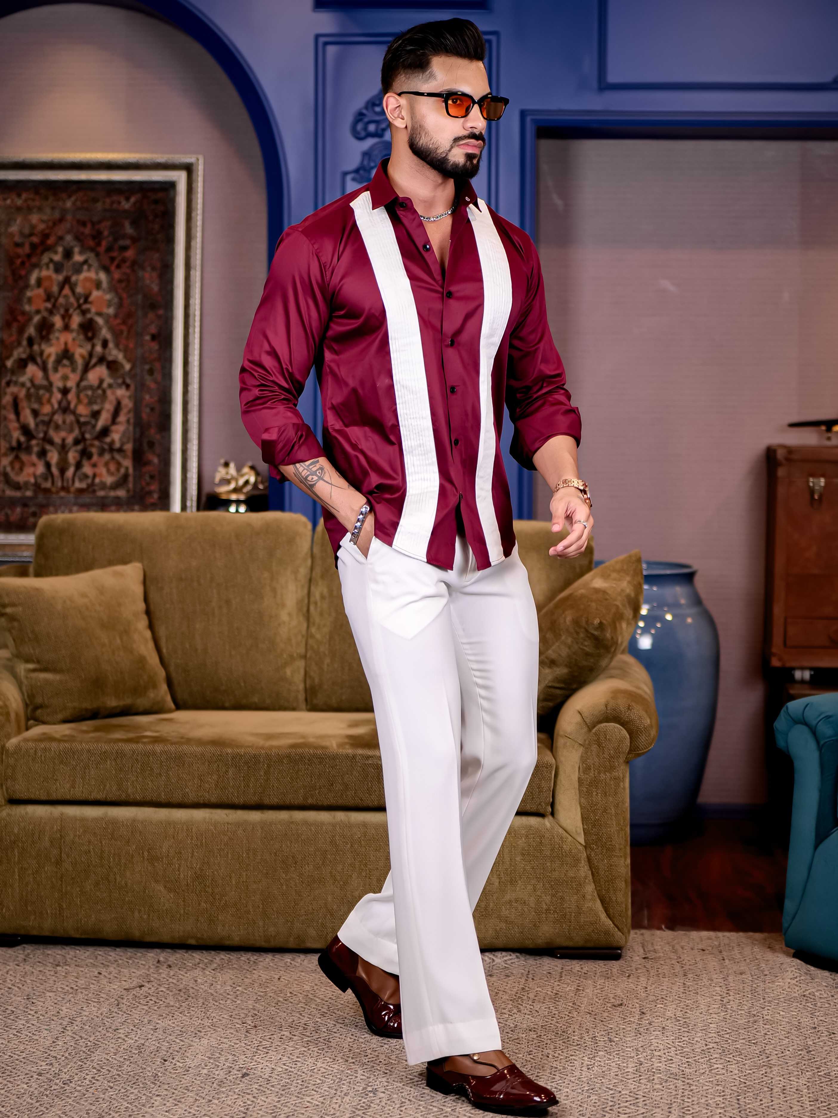 Maroon with White Subtle Sheen Tuxedo Premium Giza Satin Cotton Shirt - Image 6