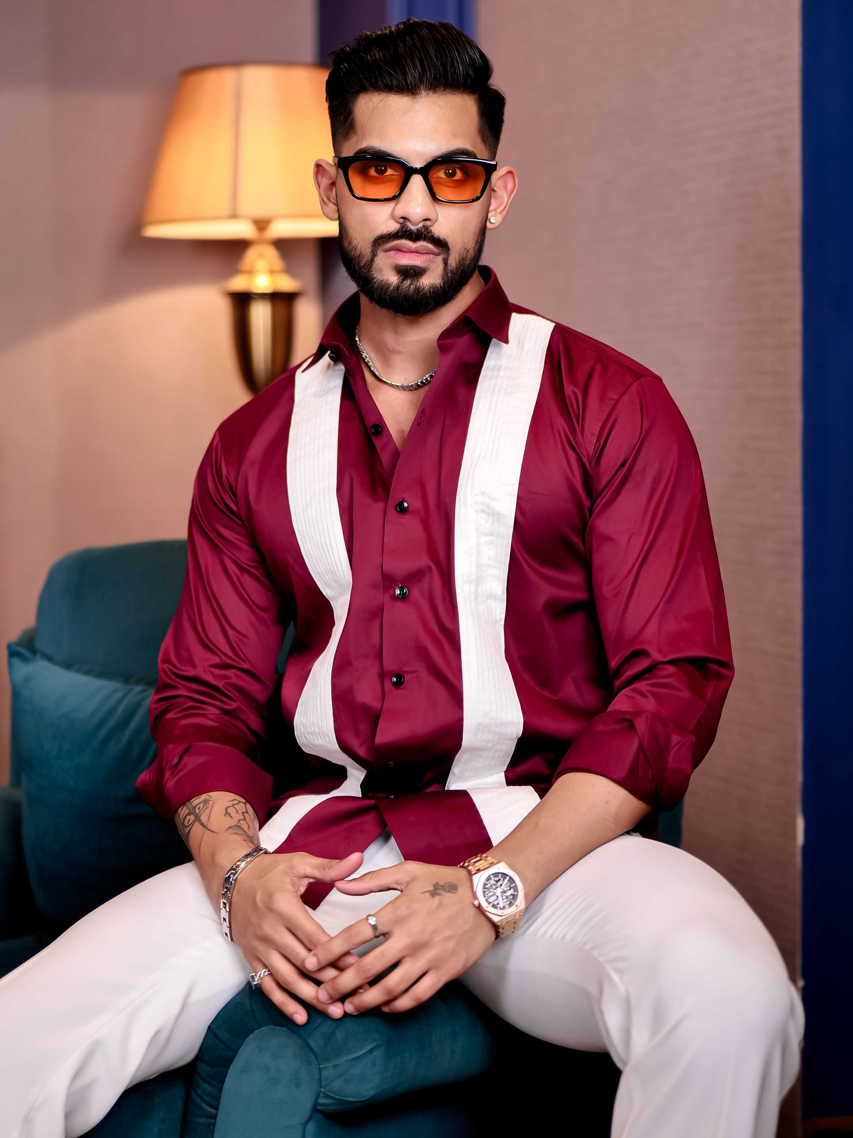 Maroon with White Subtle Sheen Tuxedo Premium Giza Satin Cotton Shirt - Image 9