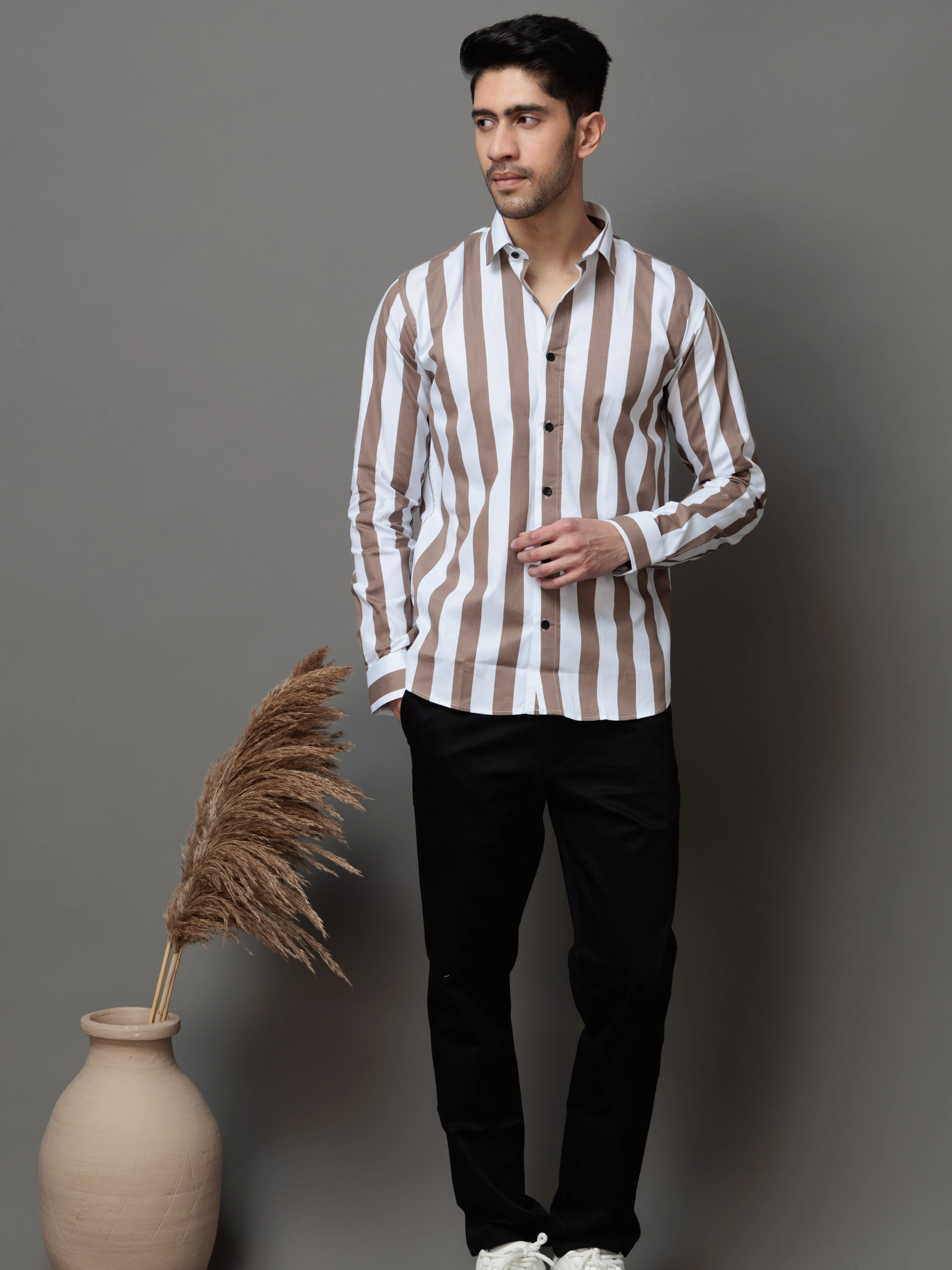 METALLIC BROWN STRIPED COTTON CASUAL SHIRT FOR MEN'S - Image 3