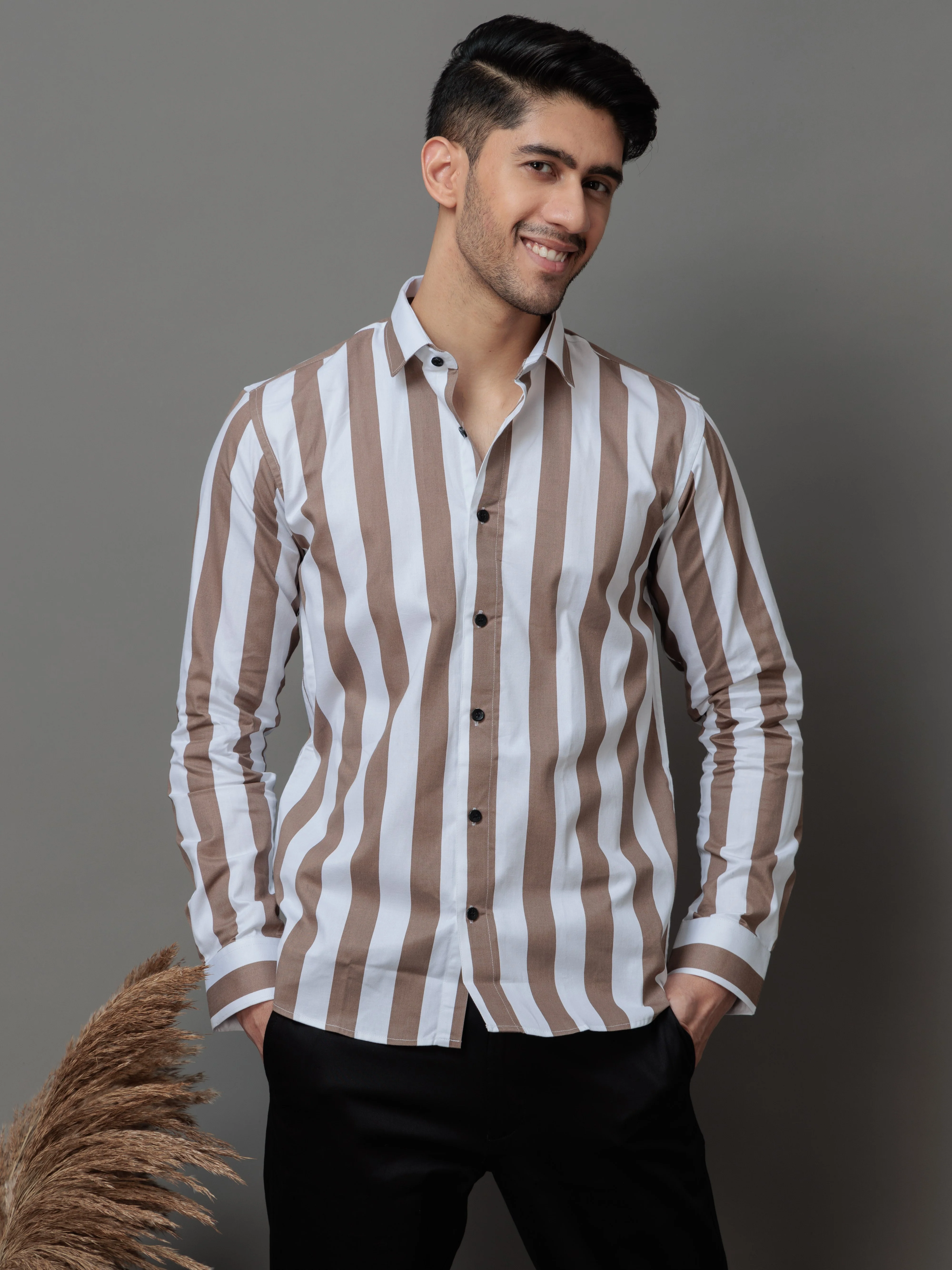 METALLIC BROWN STRIPED COTTON CASUAL SHIRT FOR MEN'S - Image 5
