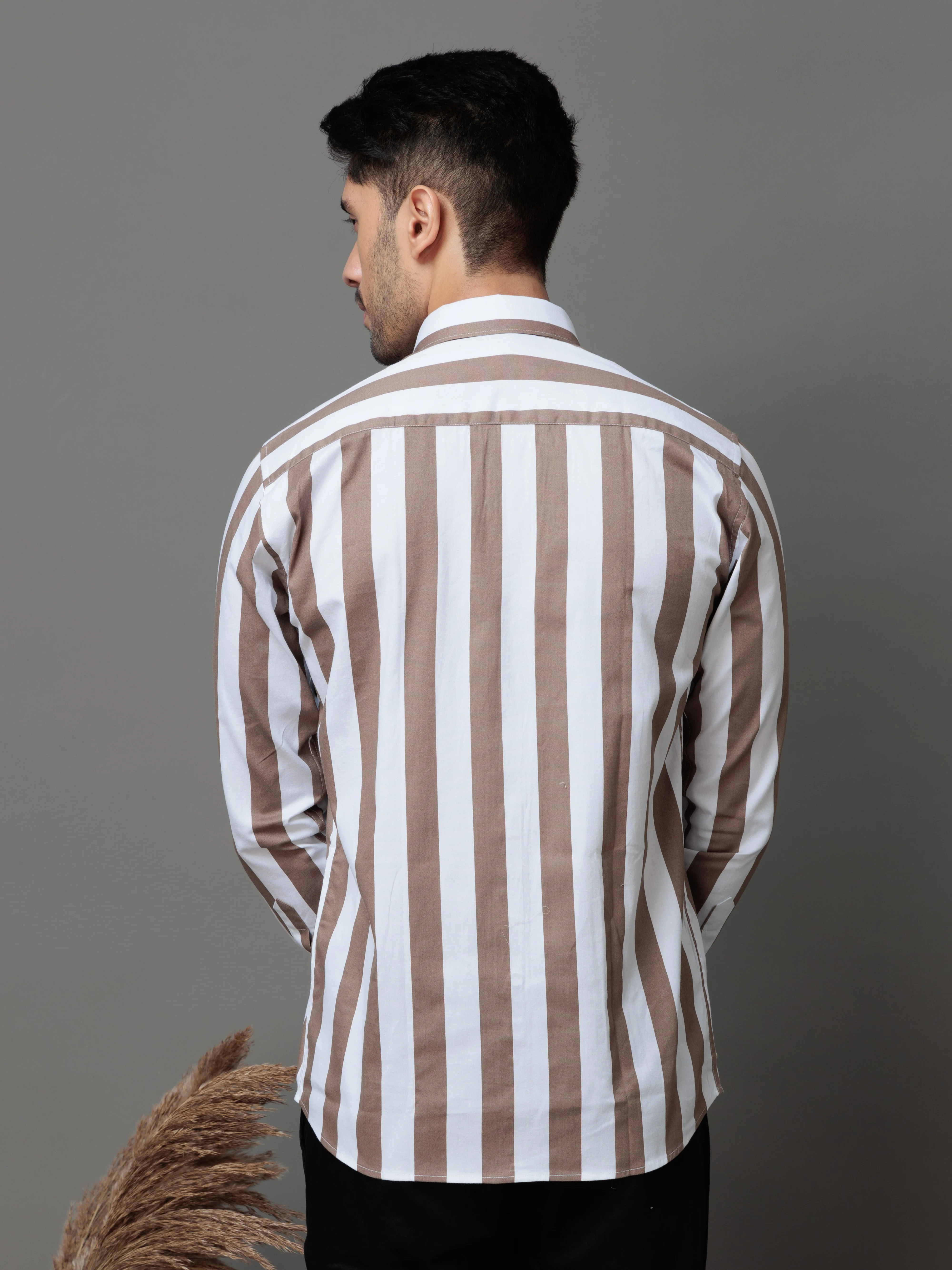 METALLIC BROWN STRIPED COTTON CASUAL SHIRT FOR MEN'S - Image 7