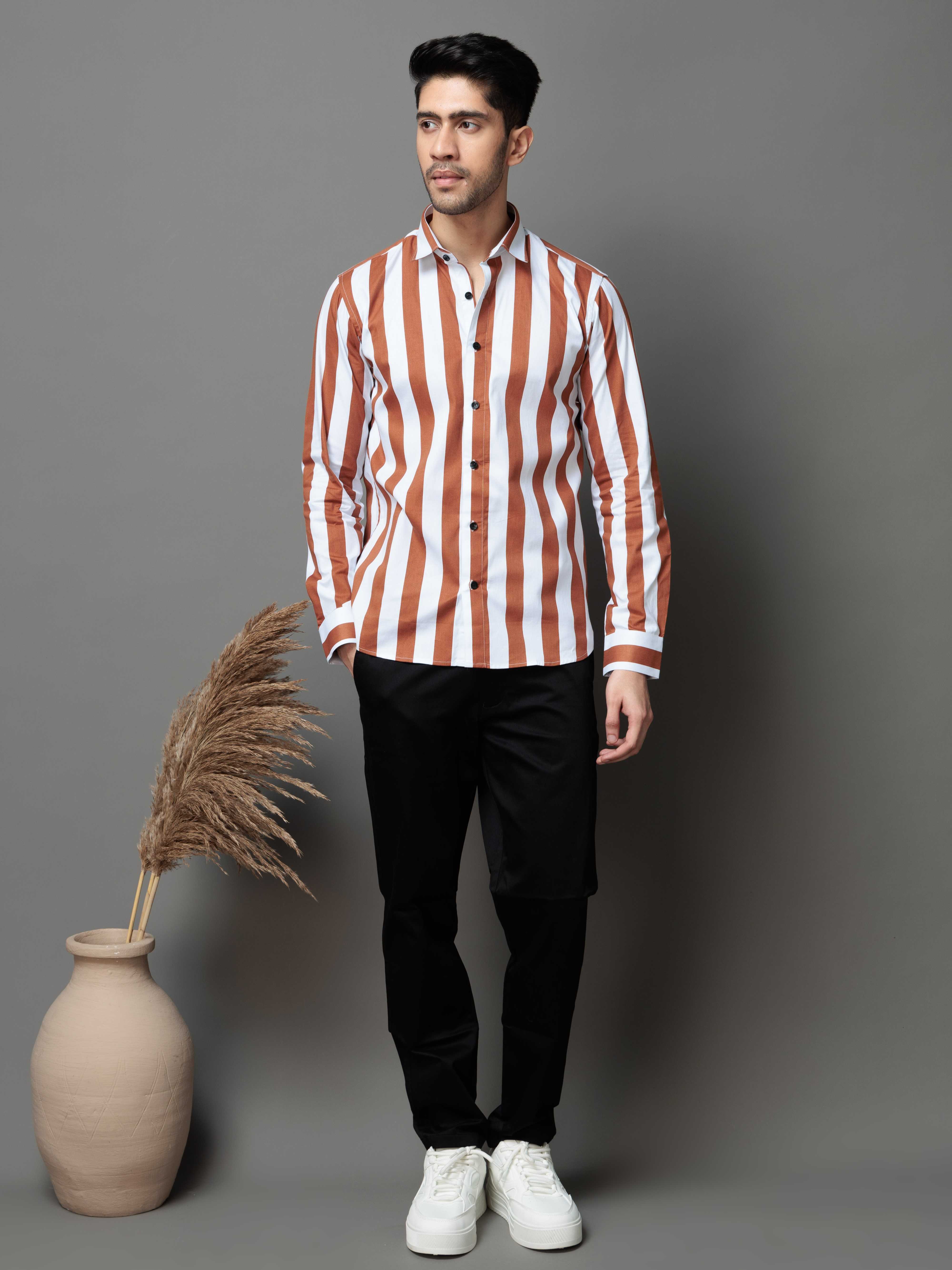 METALLIC ORANGE STRIPED COTTON CASUAL SHIRT - Image 5