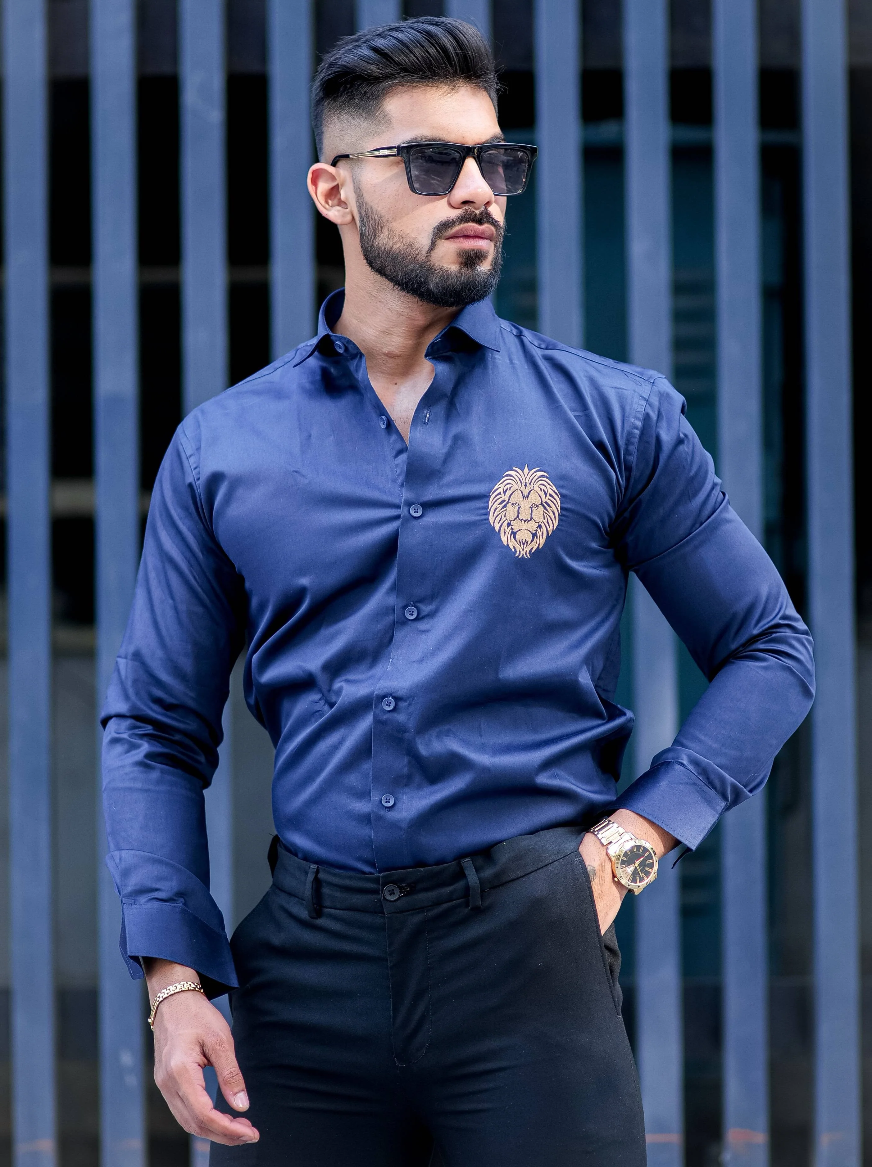 Mufasa Golden Embroidered Blue Premium Shirt For Men - Image 5
