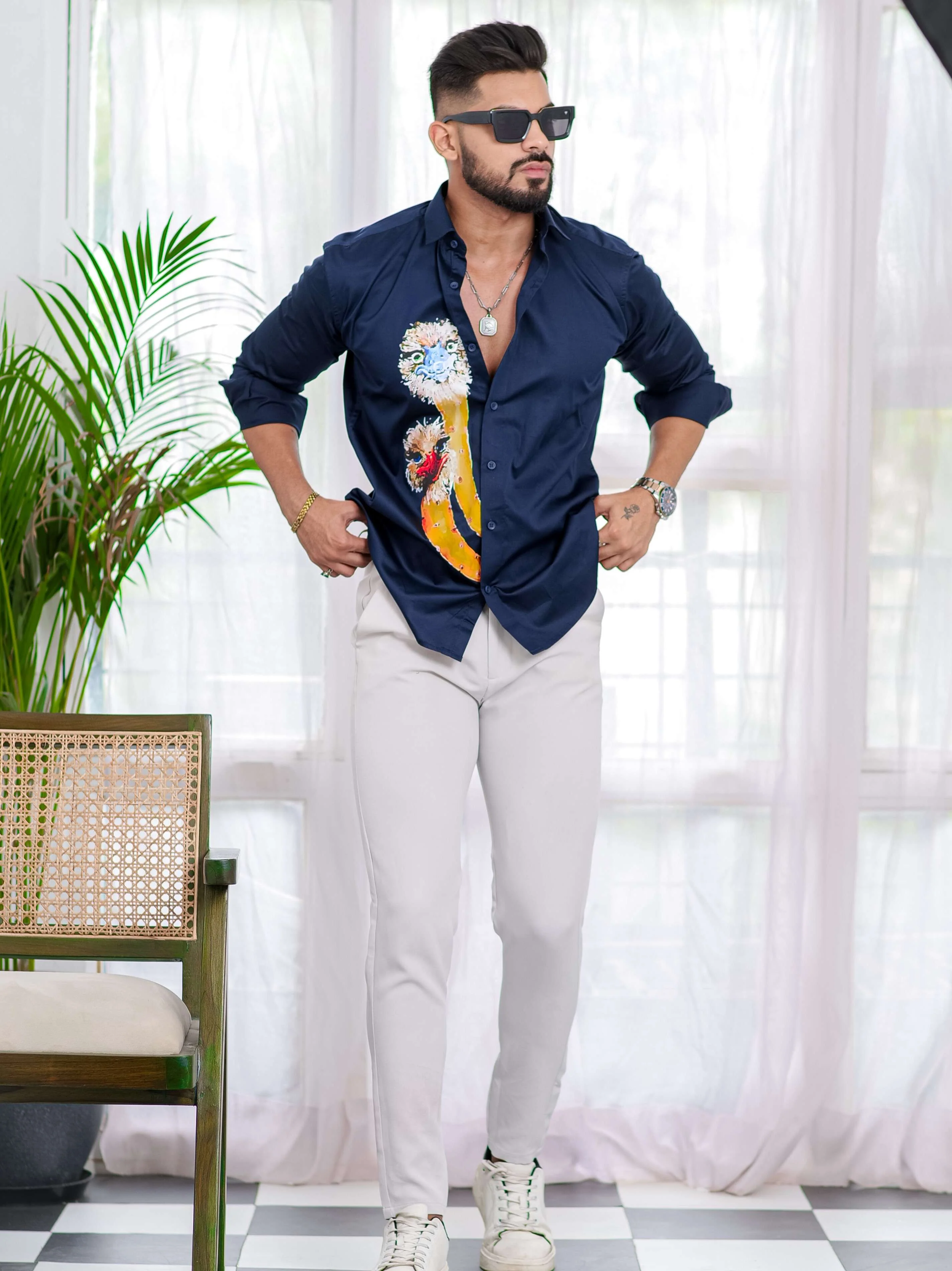 Navy Blue Club Wear Printed Satin Cotton Shirt - Image 5