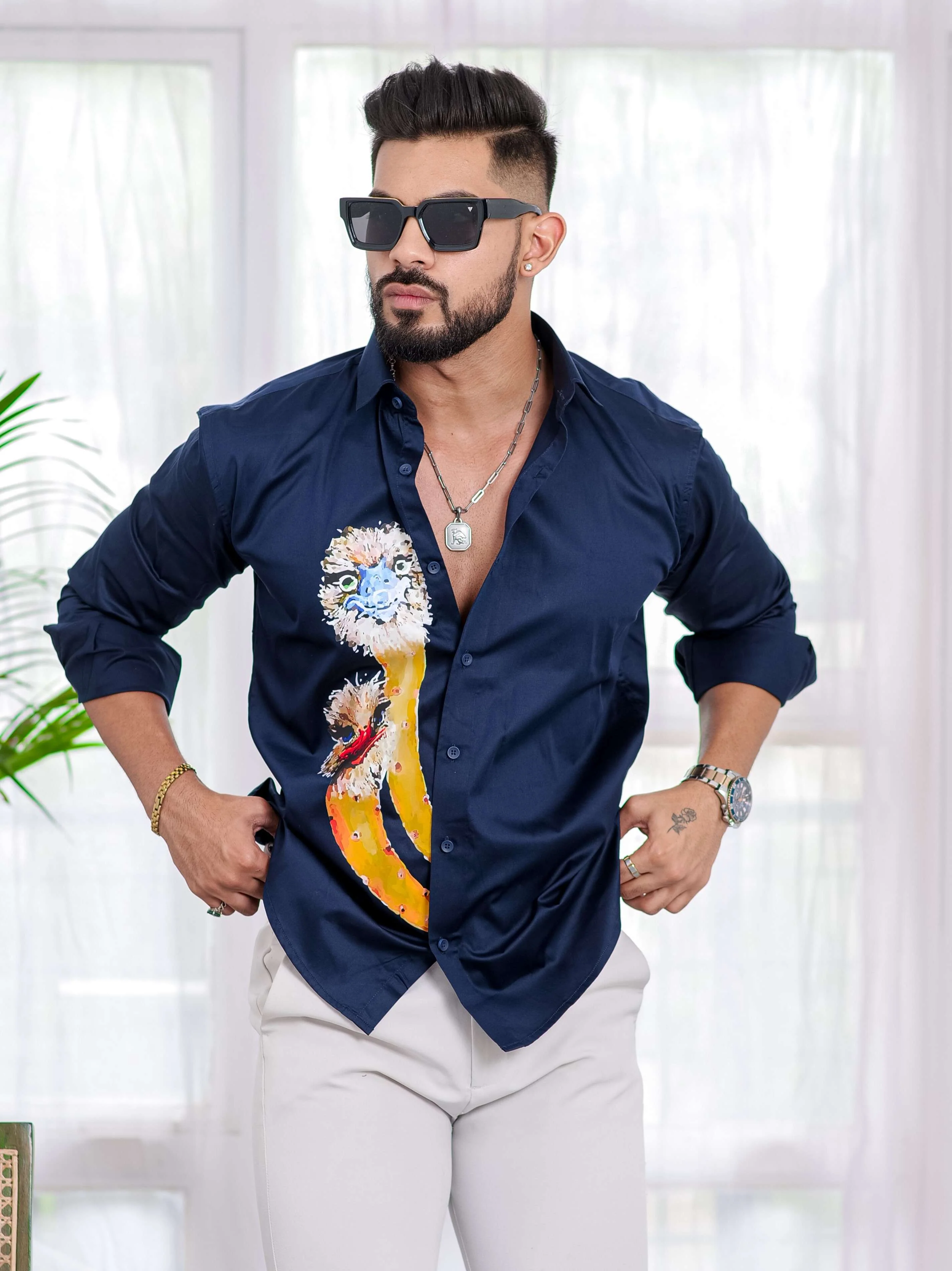 Navy Blue Club Wear Printed Satin Cotton Shirt - Image 6