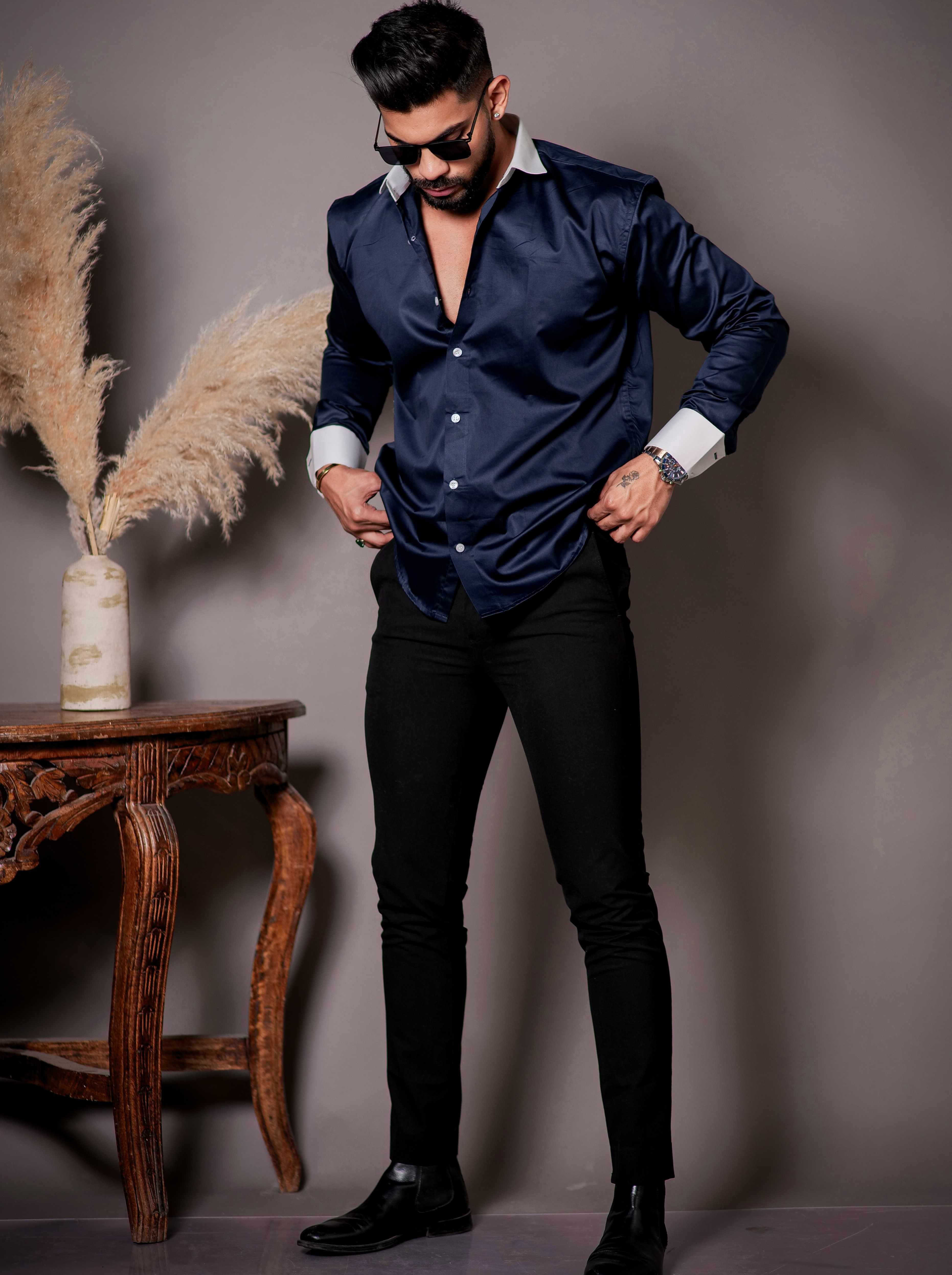 Navy Blue Satin Cotton Premium Shirt - Image 7