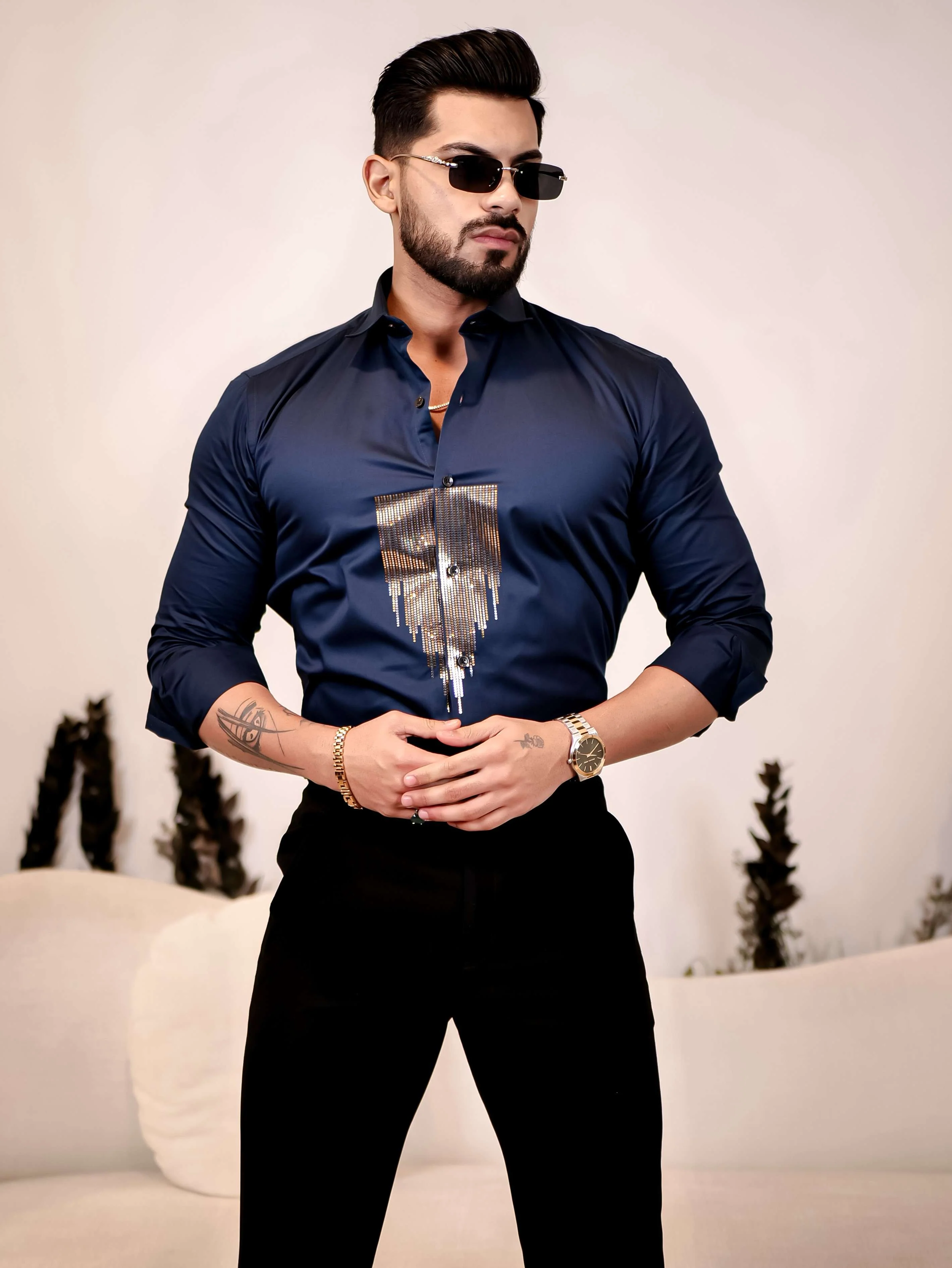 Navy Blue Sequence Club Wear Satin Cotton Party Shirt - Image 3