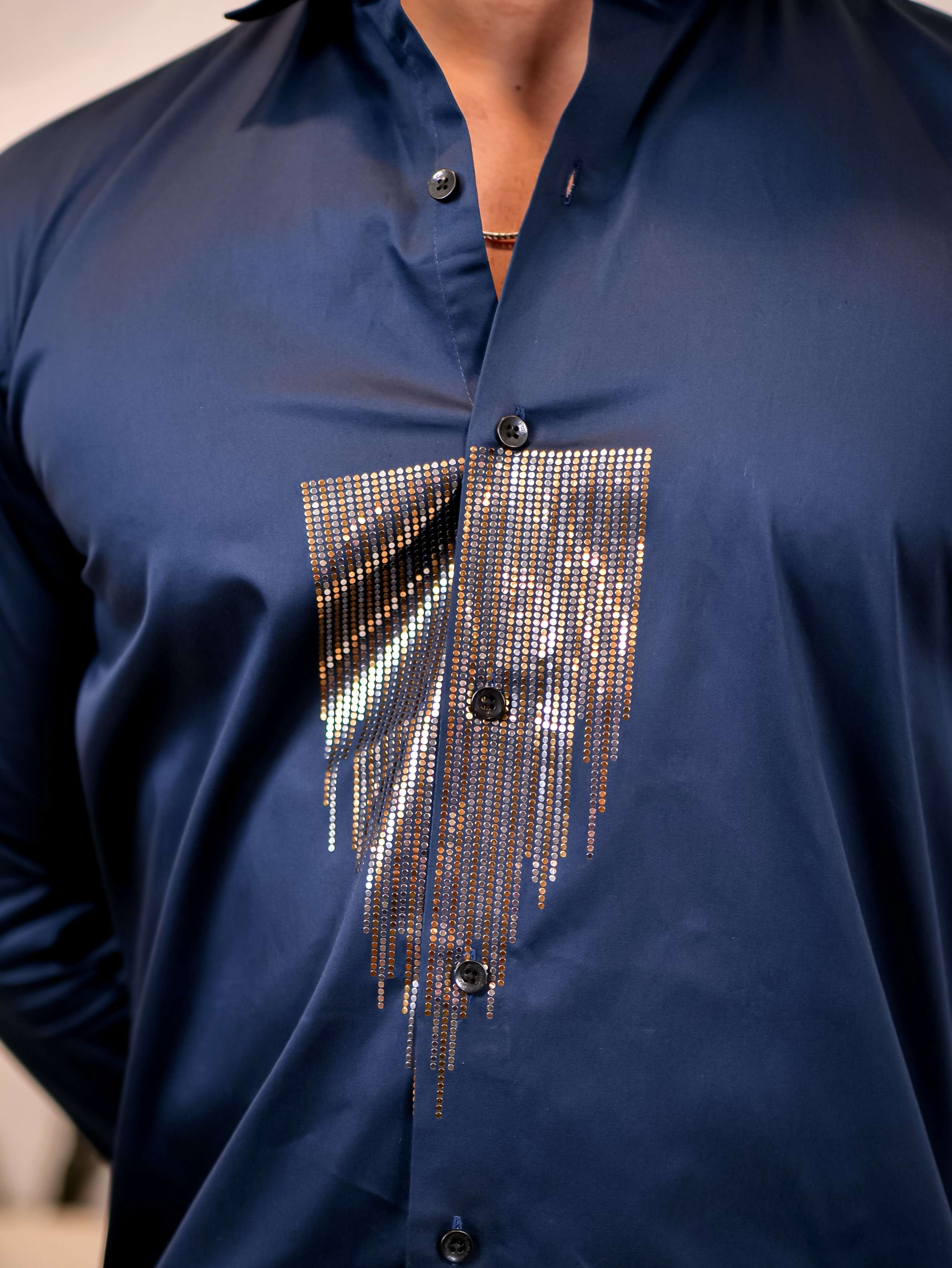 Navy Blue Sequence Club Wear Satin Cotton Party Shirt - Image 4