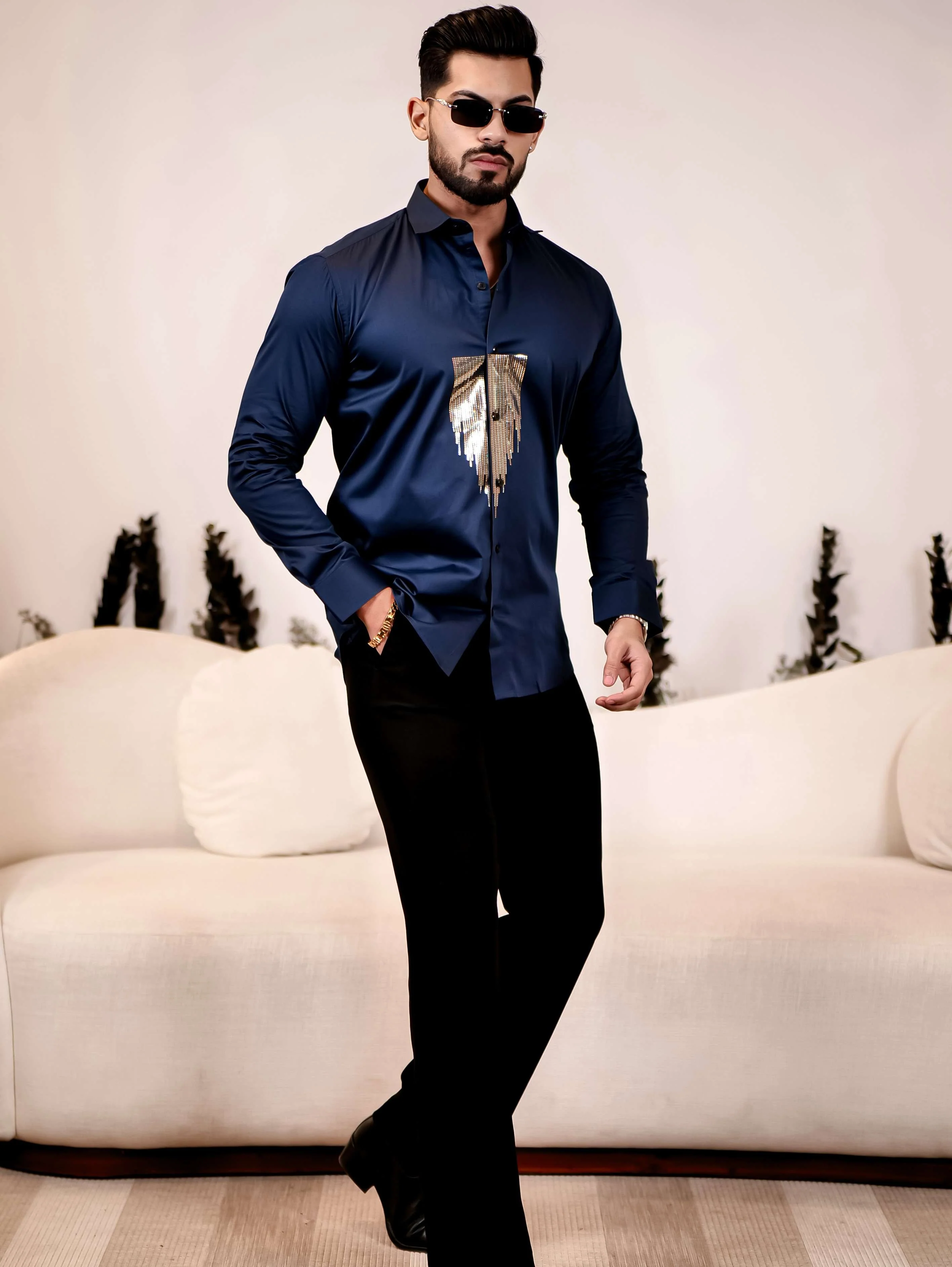 Navy Blue Sequence Club Wear Satin Cotton Party Shirt - Image 7
