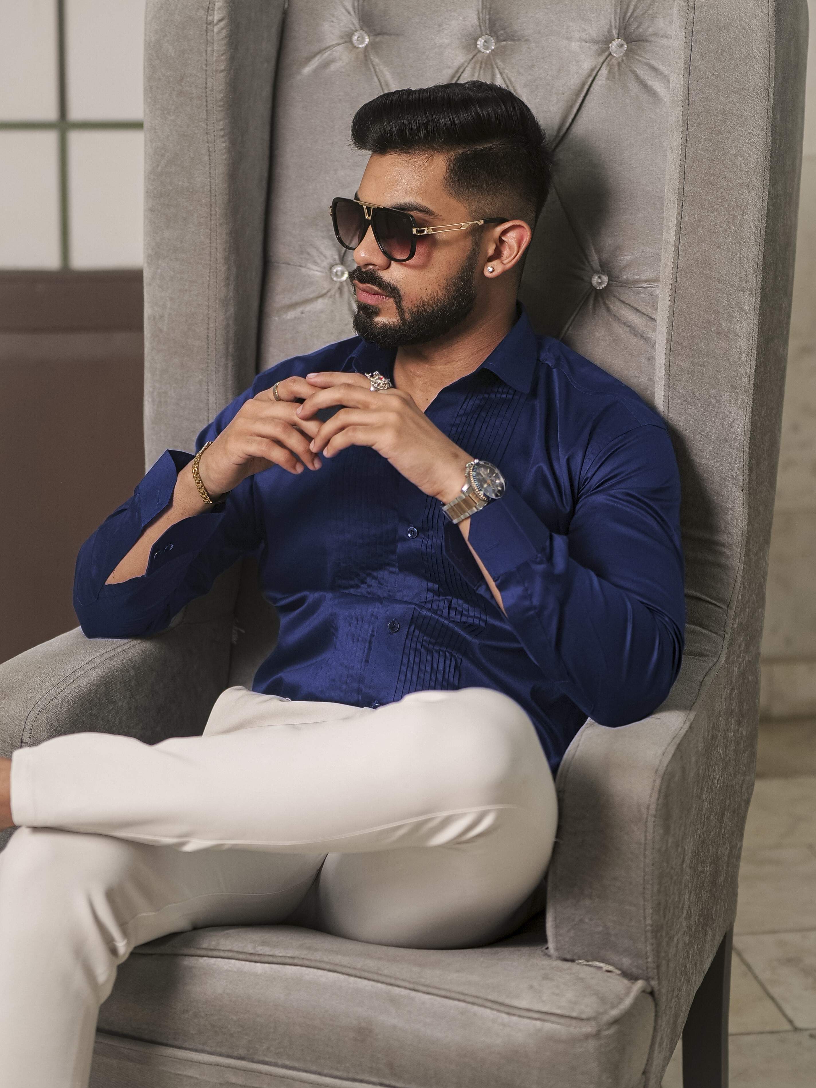 Navy Blue Subtle Sheen Tuxedo Premium Giza Satin Cotton Shirt - Image 4
