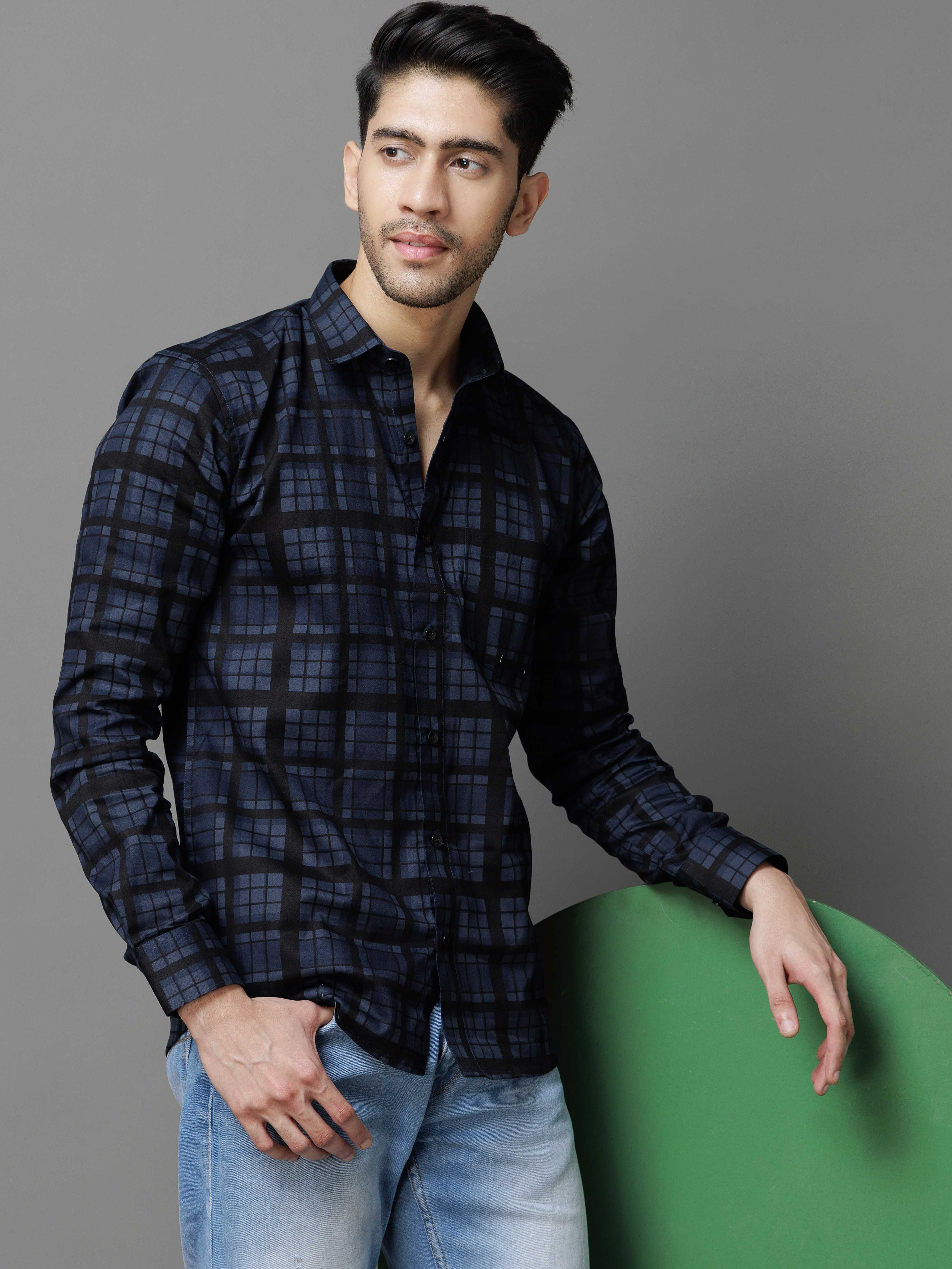 NAVY CHECKS PRINTED COTTON CASUAL SHIRT FOR MEN'S - Image 4