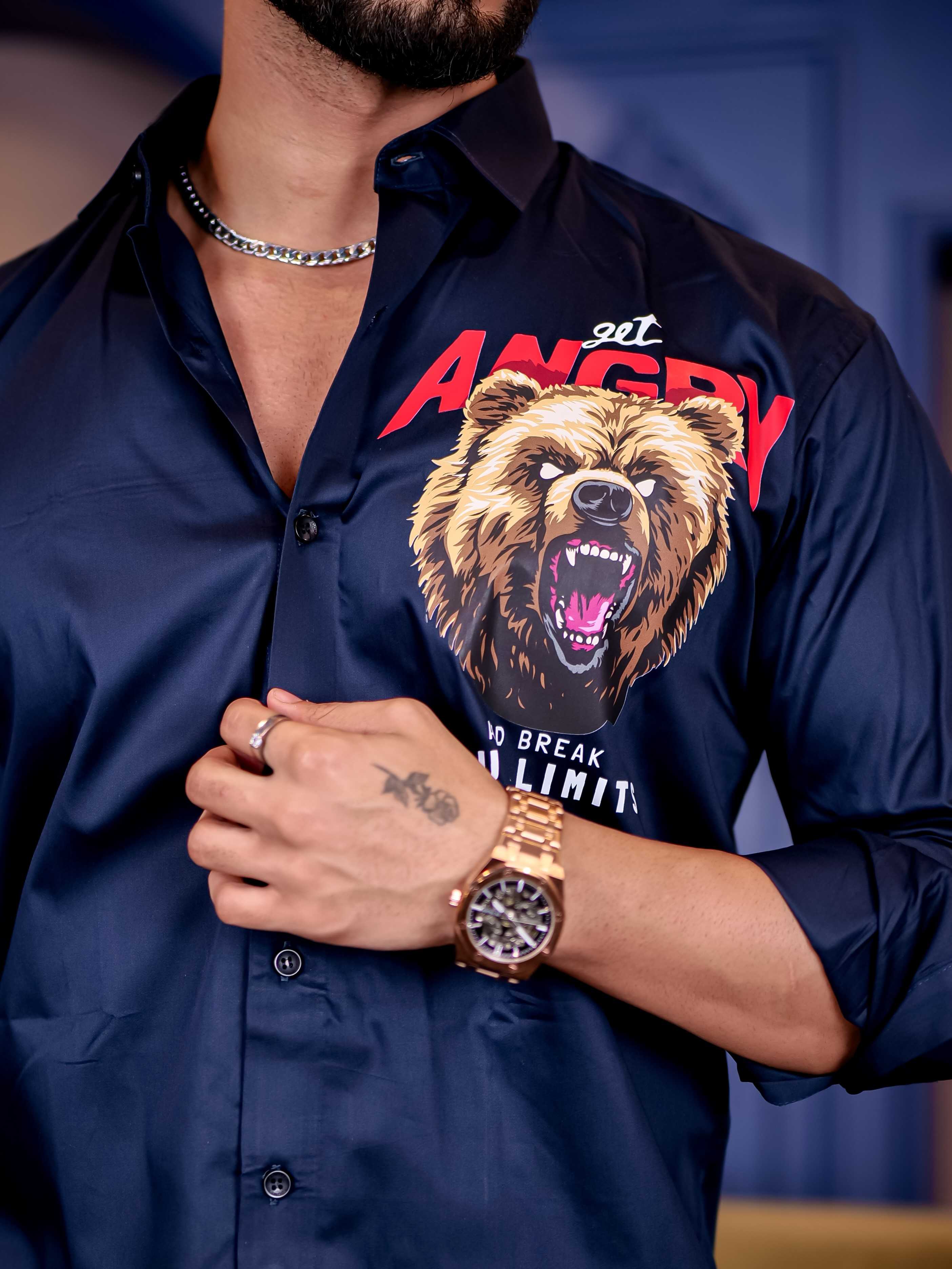 Navy Club Wear Angry bear Cartoon Printed Satin Cotton Shirt - Image 2