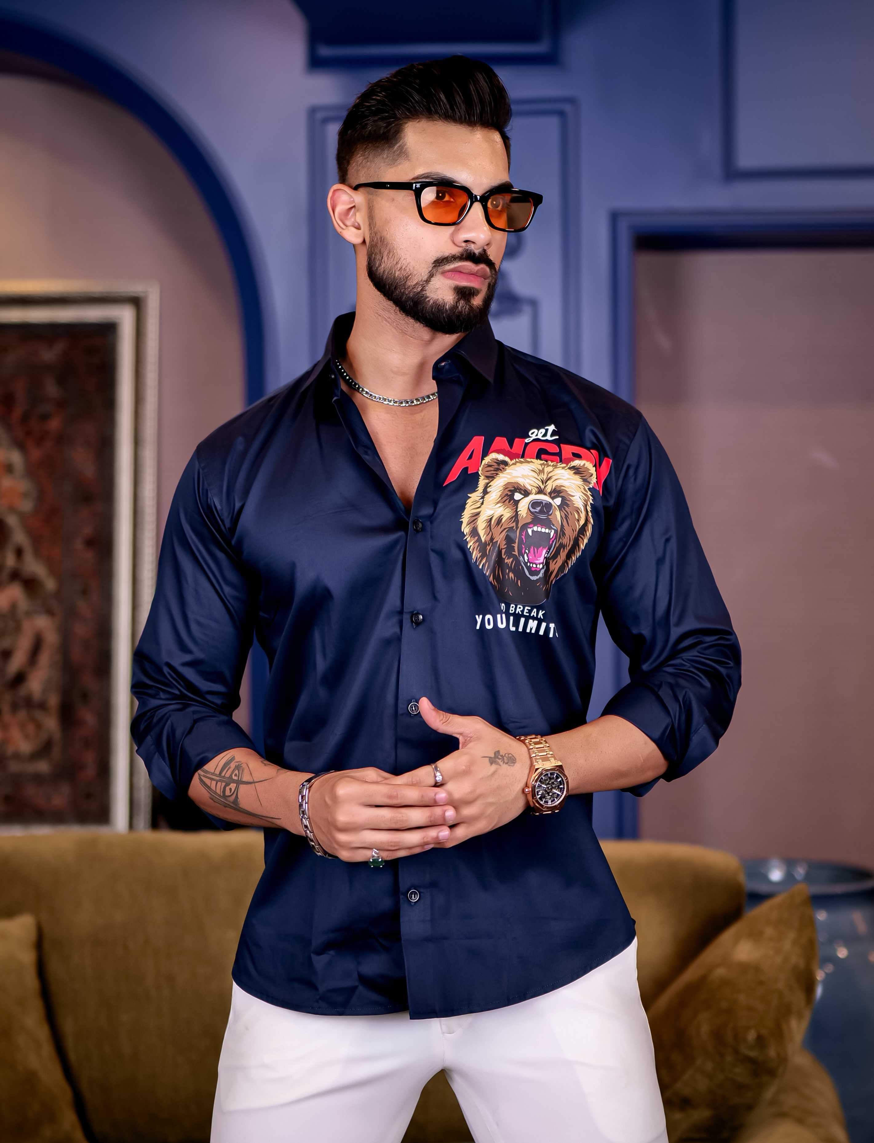 Navy Club Wear Angry bear Cartoon Printed Satin Cotton Shirt - Image 3