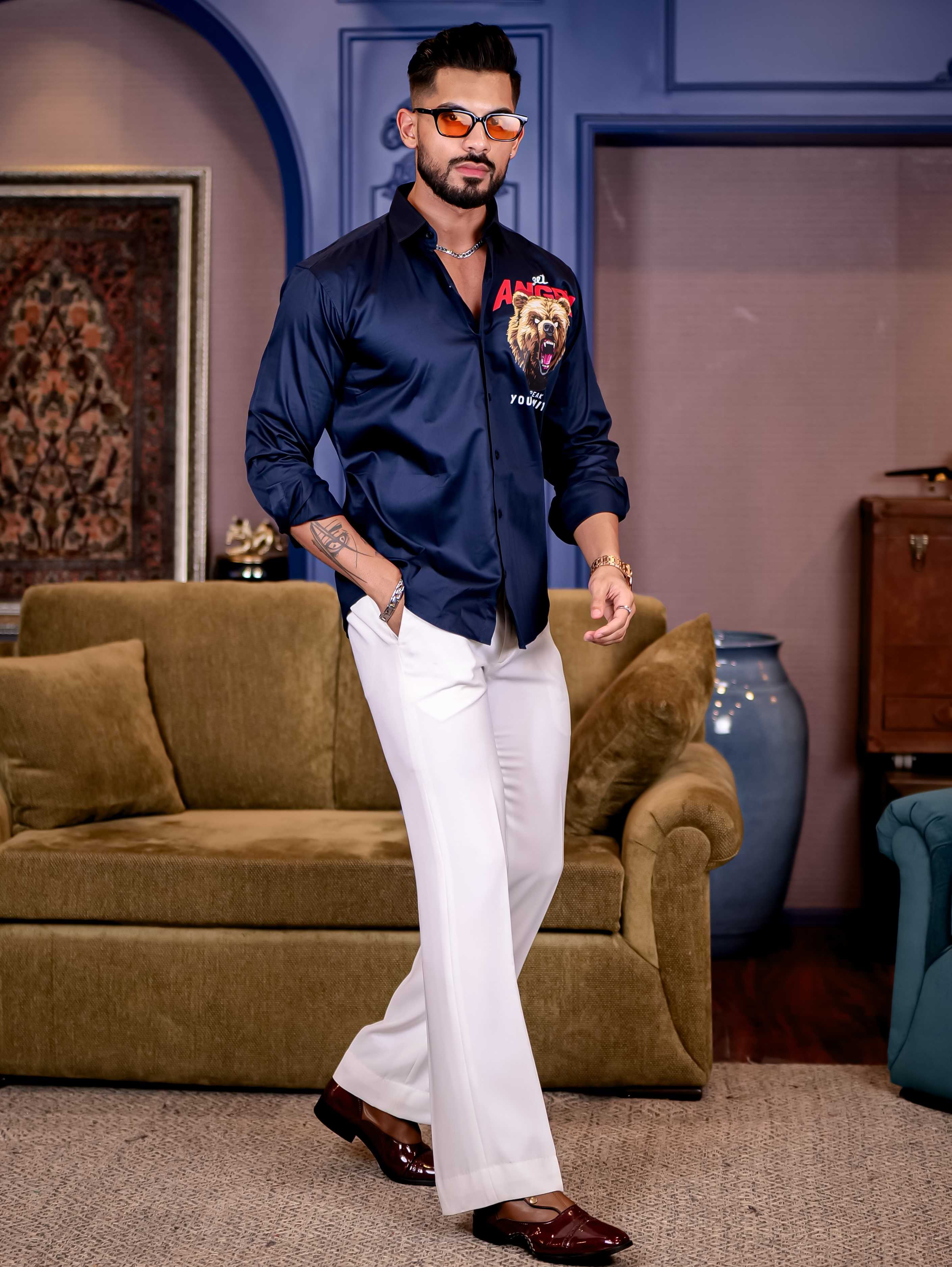 Navy Club Wear Angry bear Cartoon Printed Satin Cotton Shirt - Image 5