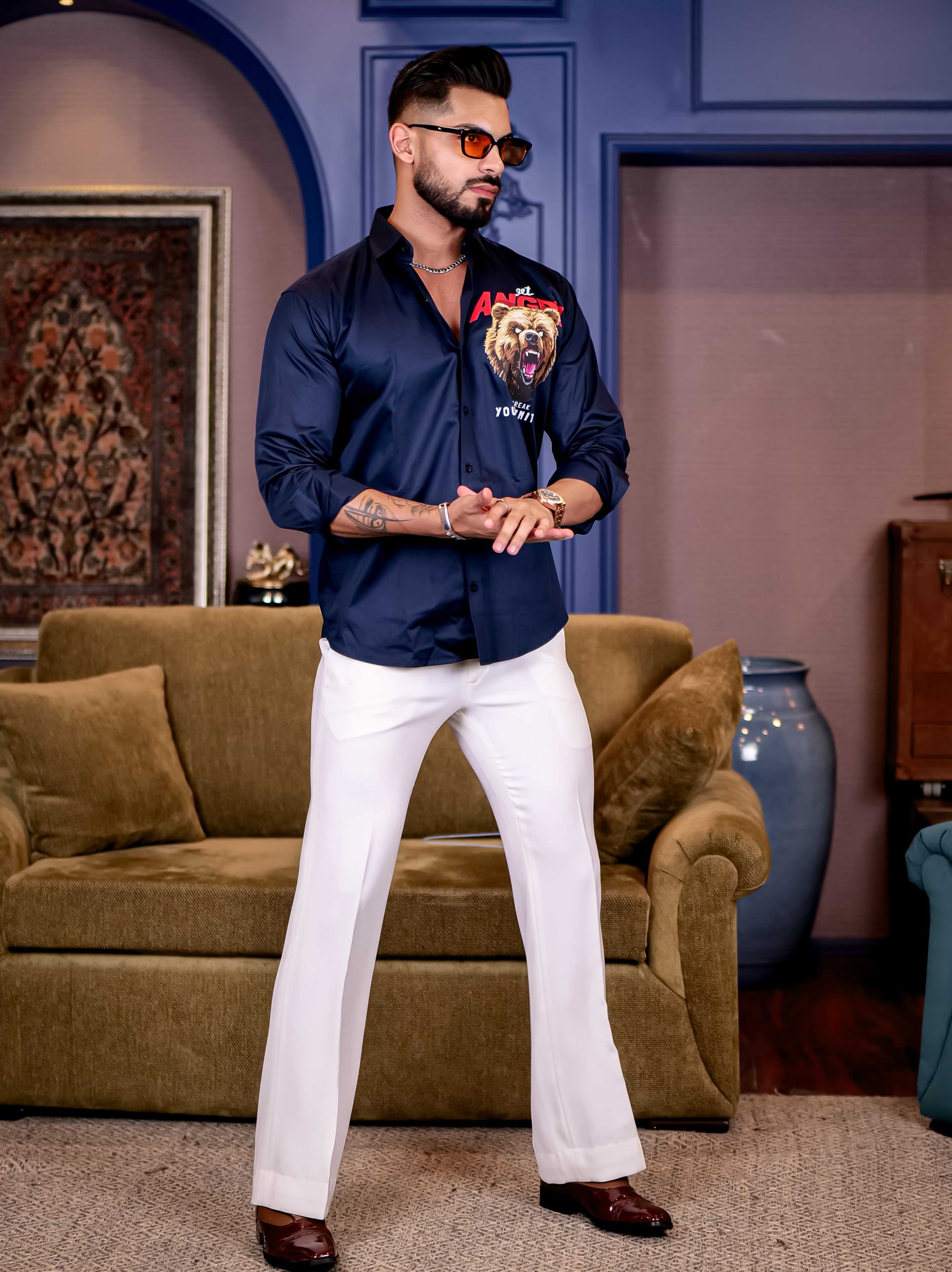 Navy Club Wear Angry bear Cartoon Printed Satin Cotton Shirt - Image 6