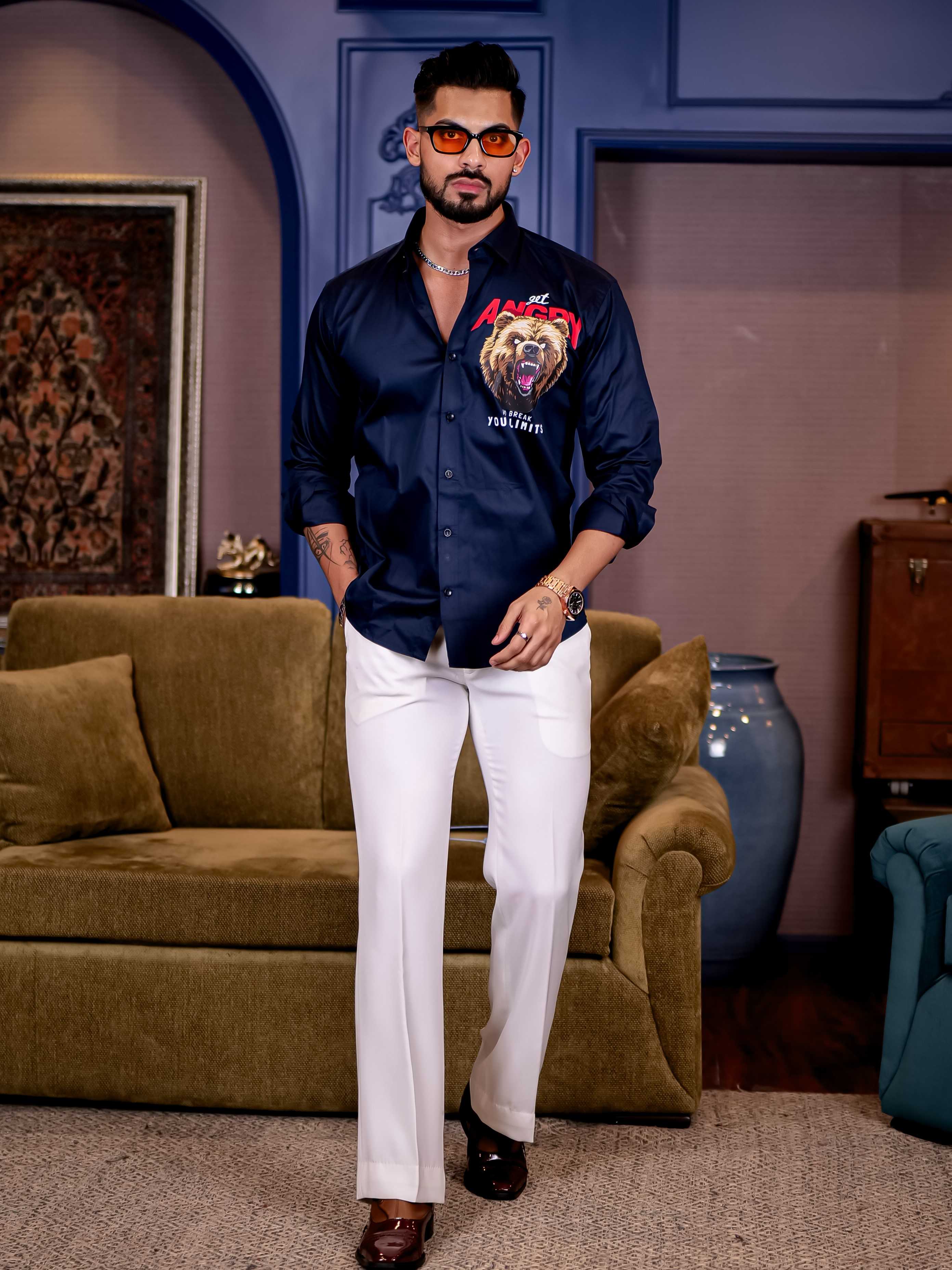 Navy Club Wear Angry bear Cartoon Printed Satin Cotton Shirt - Image 7