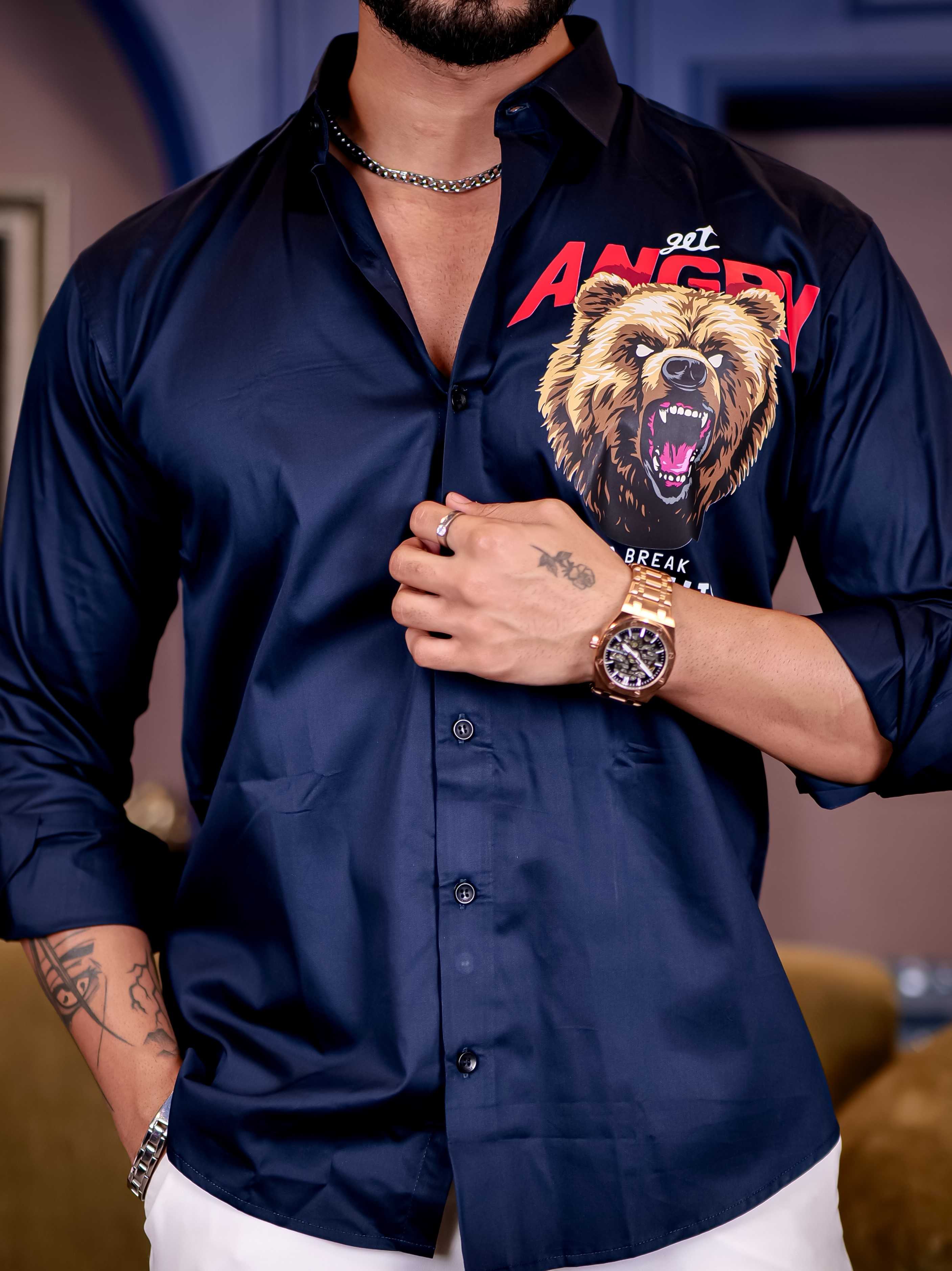Navy Club Wear Angry bear Cartoon Printed Satin Cotton Shirt - Image 8