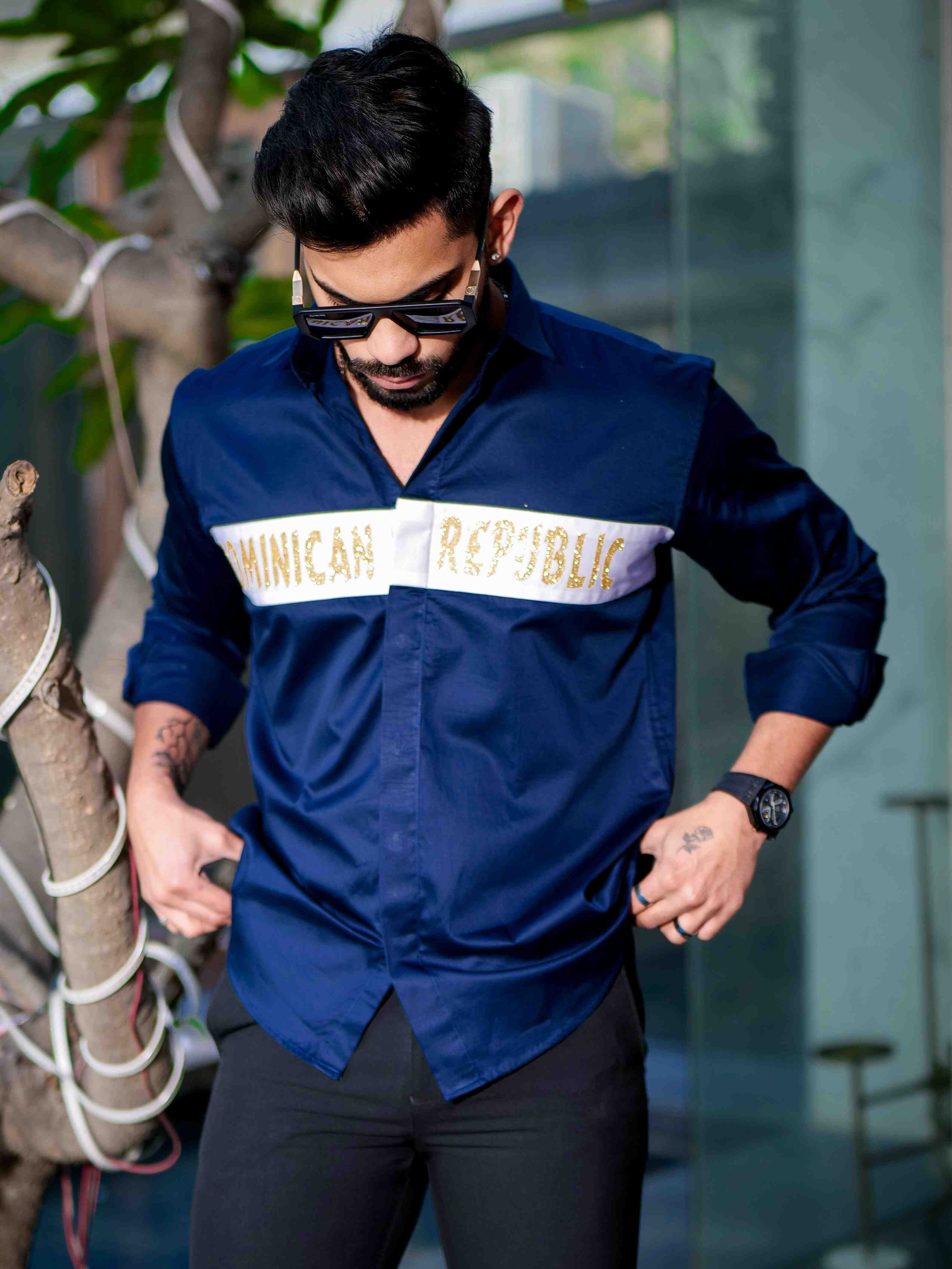 Navy Club Wear Dominican Republic Printed Satin Cotton Shirt - Image 3