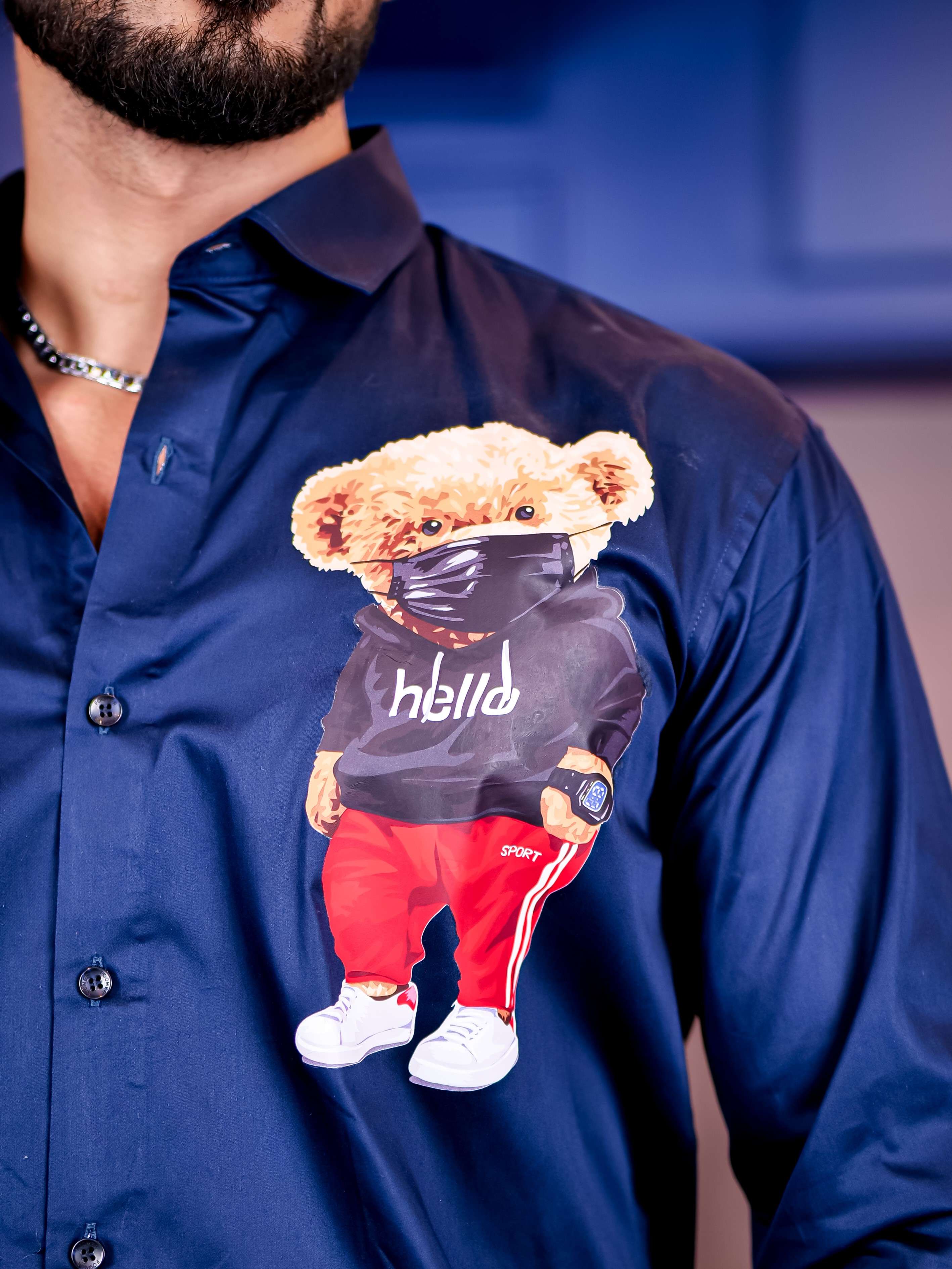 Navy Club Wear Hello Cartoon Printed Satin Cotton Shirt - Image 2