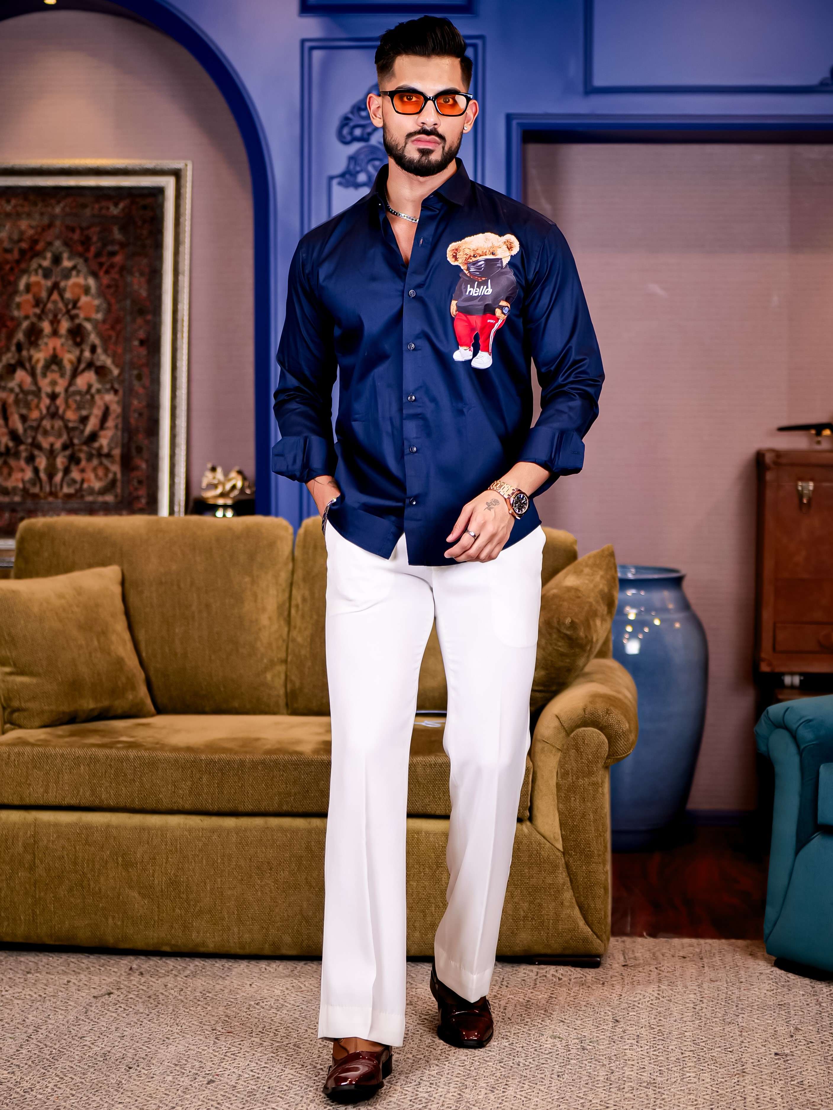 Navy Club Wear Hello Cartoon Printed Satin Cotton Shirt - Image 4