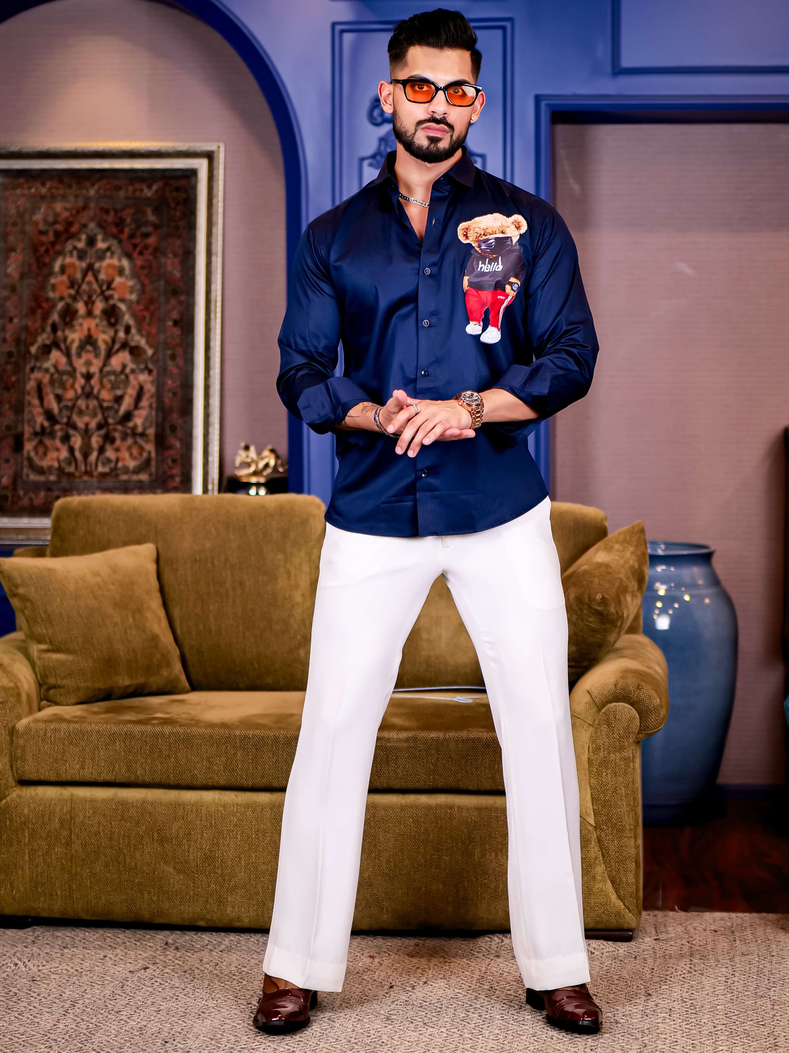 Navy Club Wear Hello Cartoon Printed Satin Cotton Shirt - Image 5