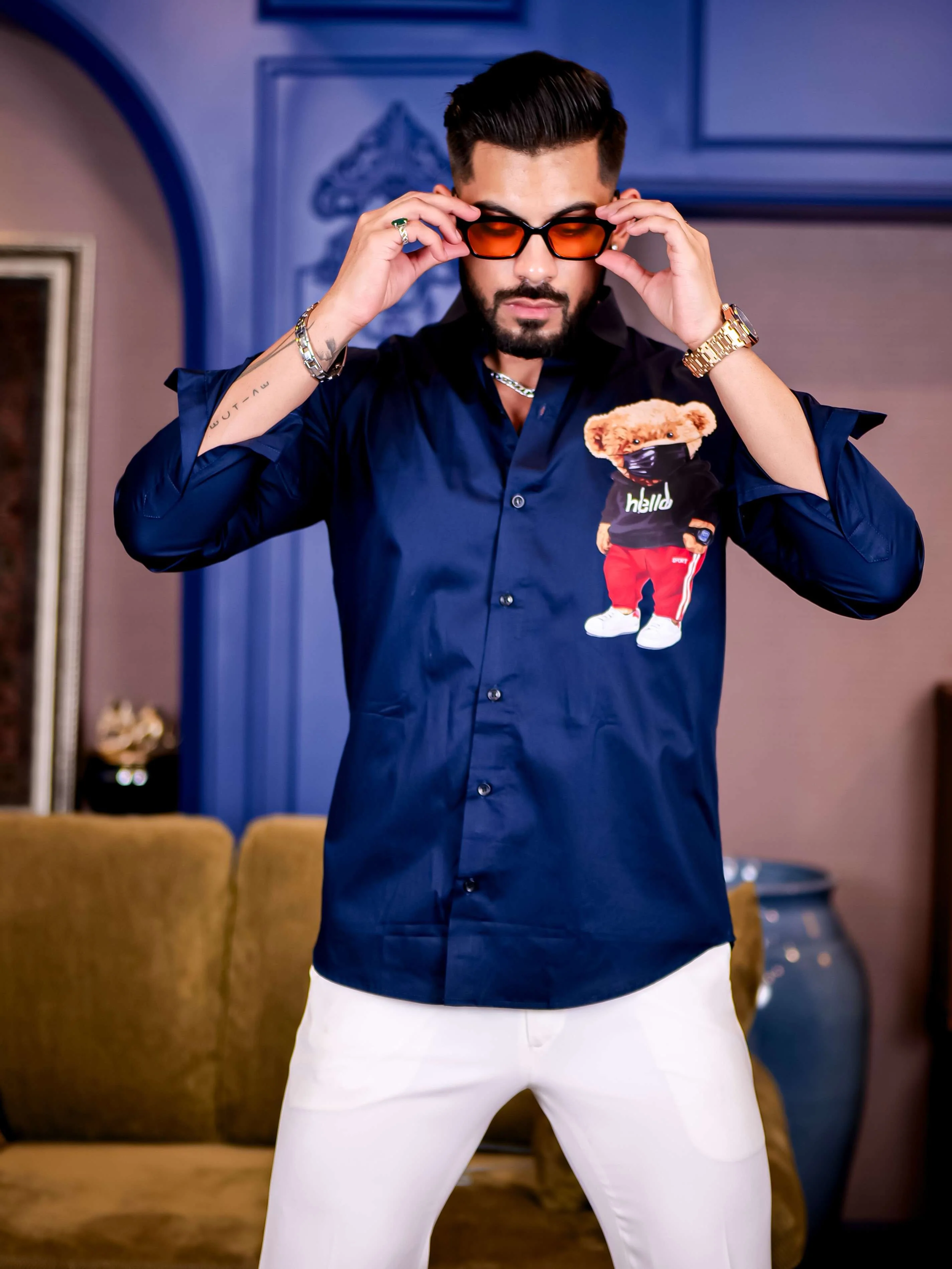 Navy Club Wear Hello Cartoon Printed Satin Cotton Shirt - Image 7