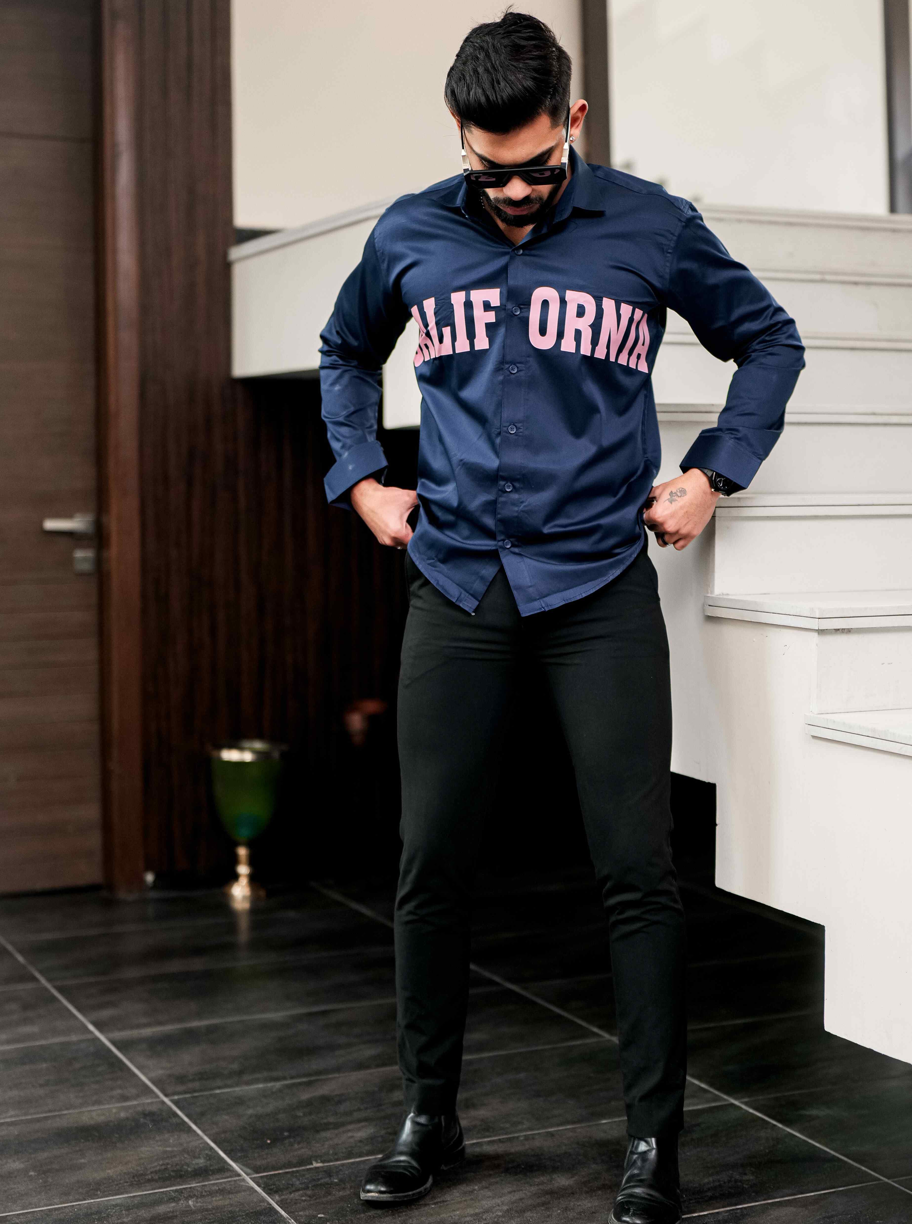 Navy Club Wear Printed Satin Cotton Shirt - Image 3